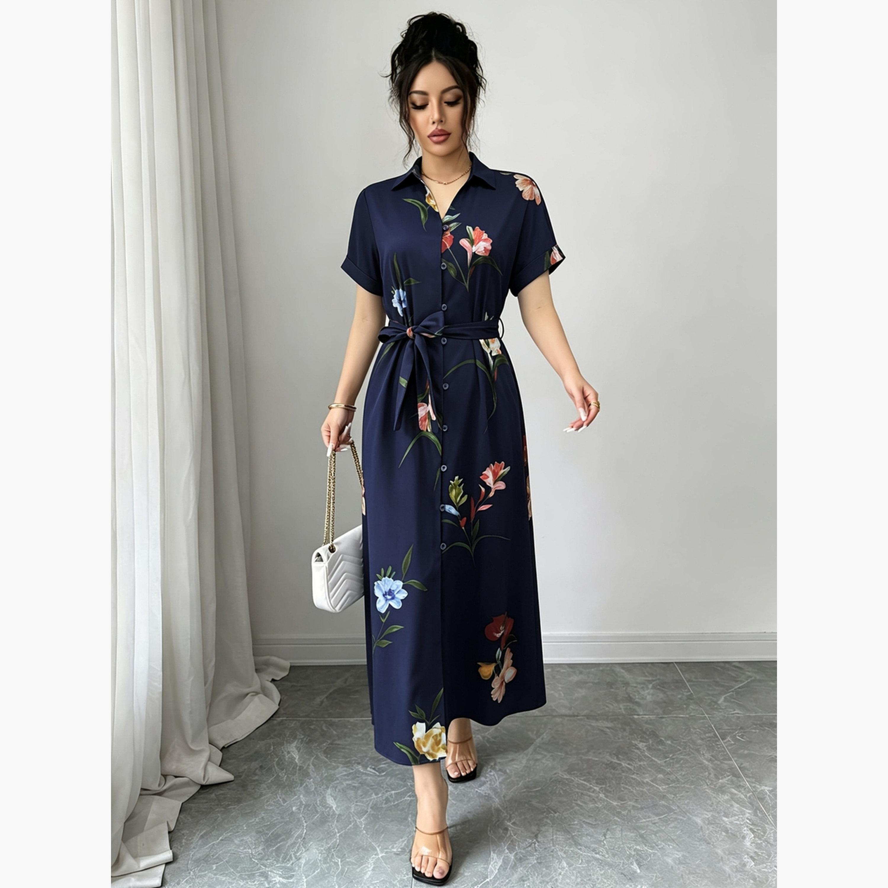 تيك تو - فستان ماكسي أزرق داكن مزين بالزهور مع حزام ربط-women-clothing-dresses-image-1