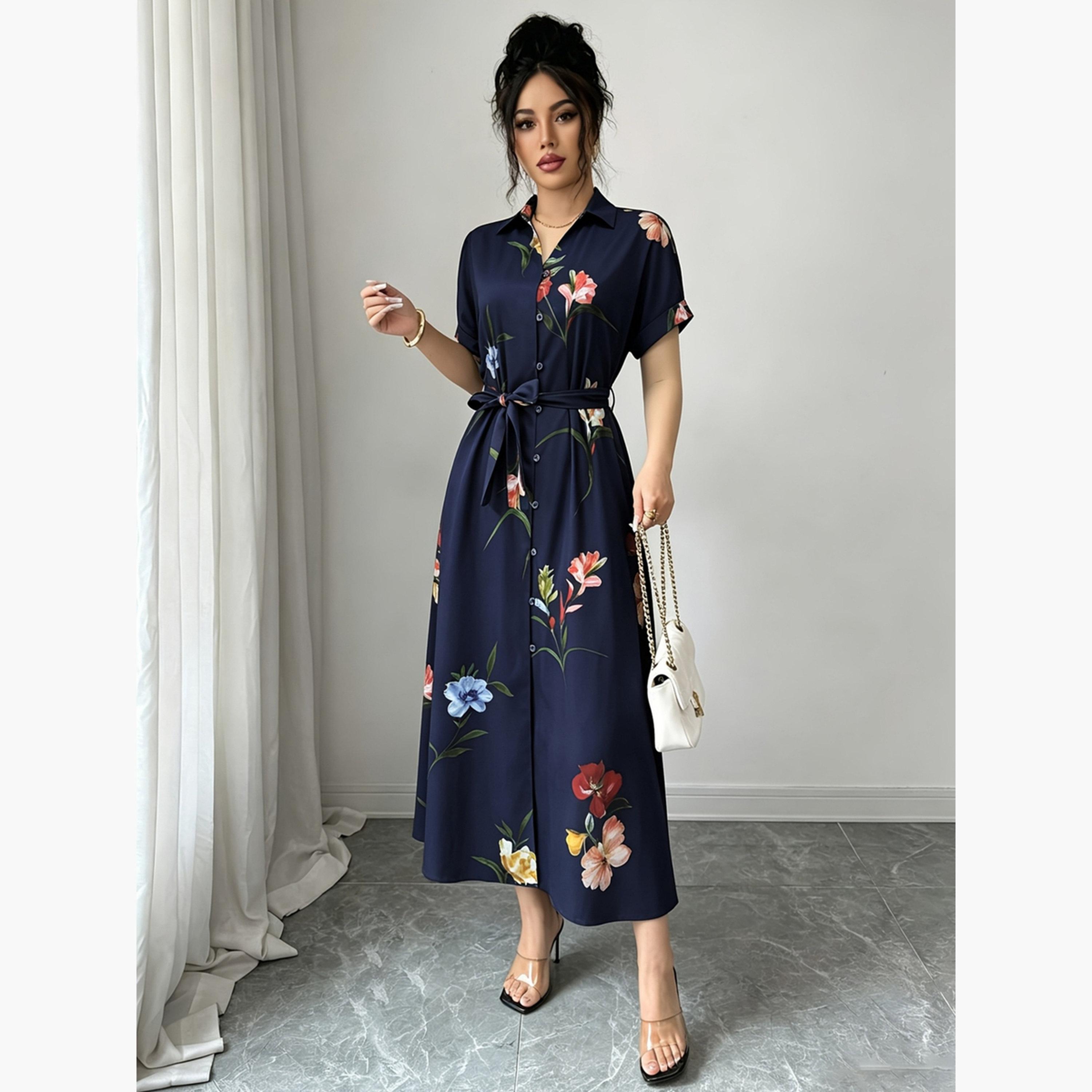 تيك تو - فستان ماكسي أزرق داكن مزين بالزهور مع حزام ربط-women-clothing-dresses-image-2
