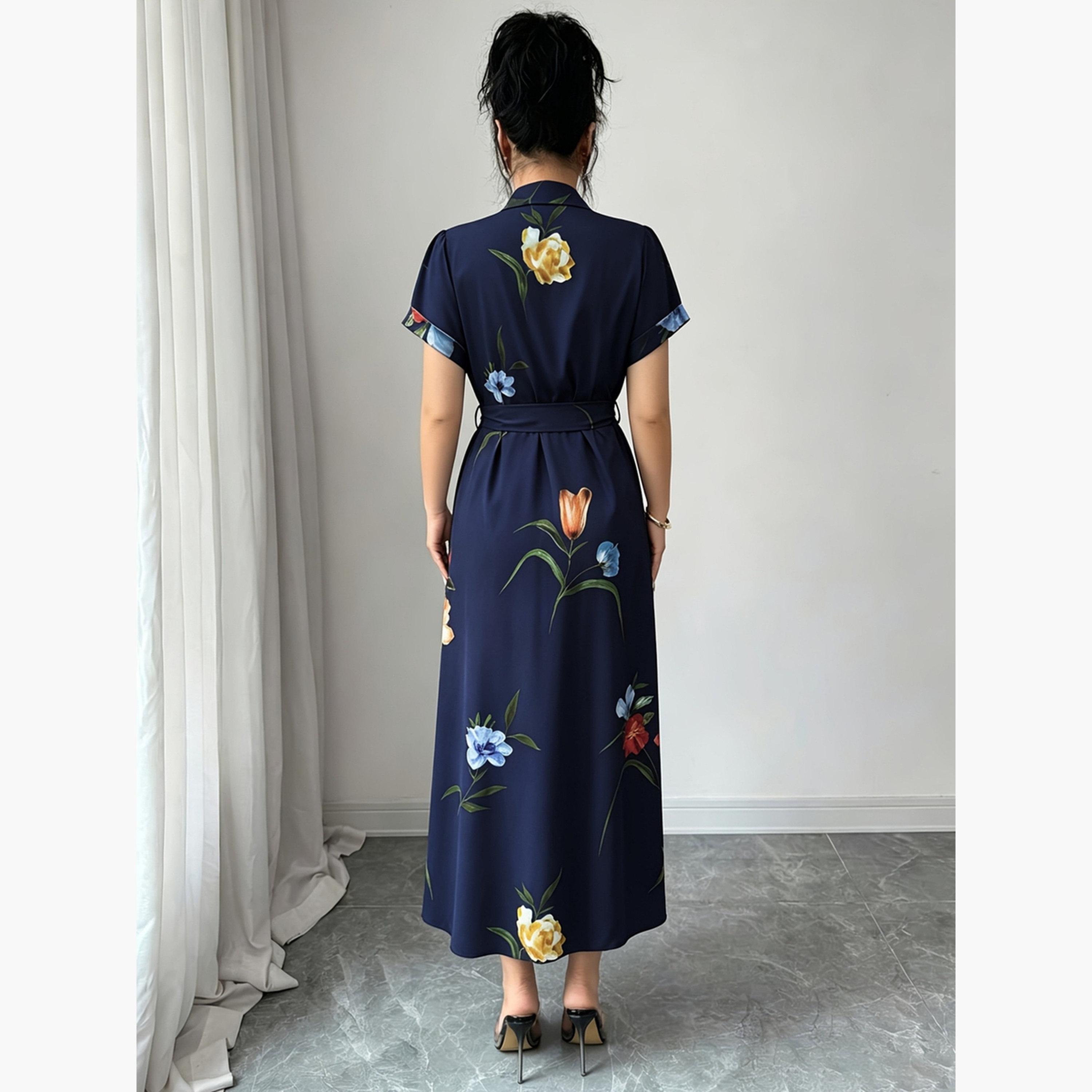 تيك تو - فستان ماكسي أزرق داكن مزين بالزهور مع حزام ربط-women-clothing-dresses-image-3