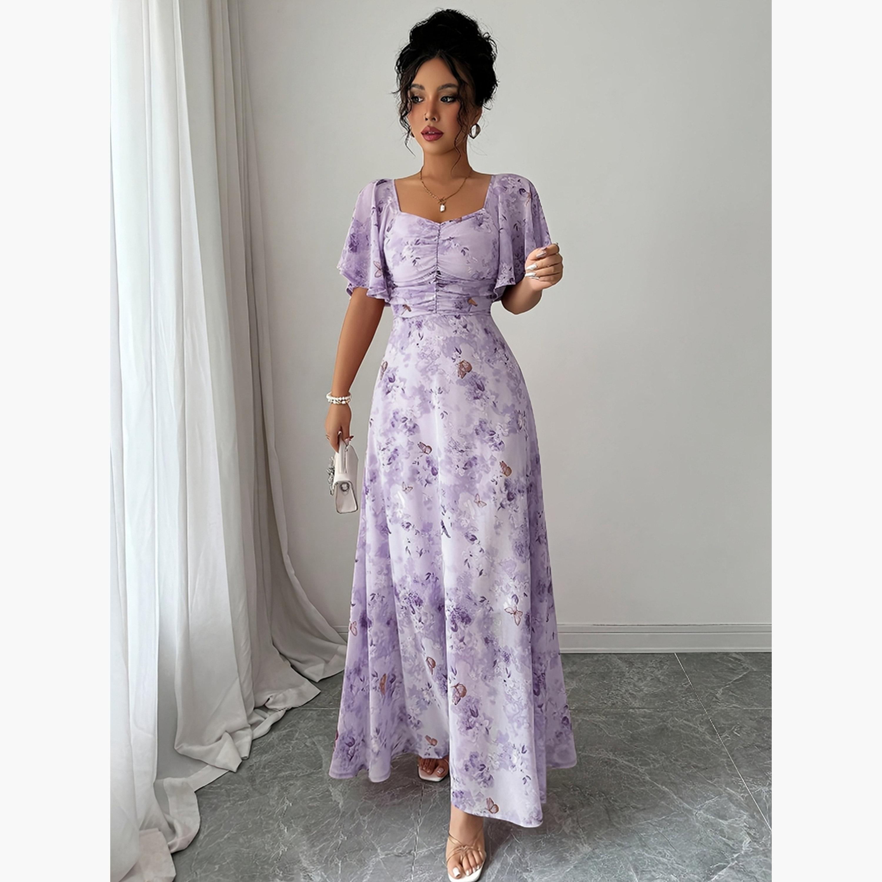 تيك تو - فستان ماكسي مطبوع عليه زهور وفراشات بنفسجية-women-clothing-dresses-image-1