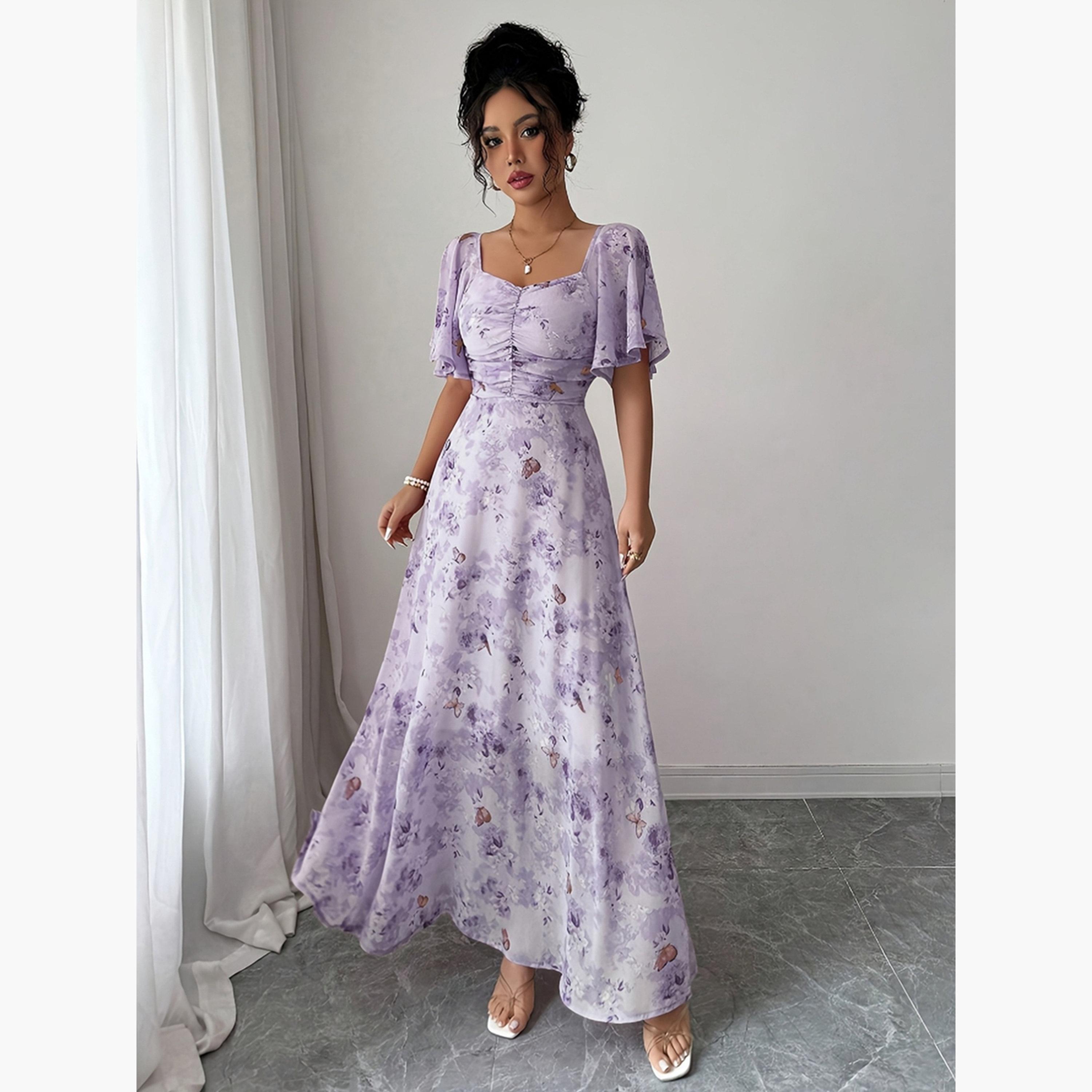 تيك تو - فستان ماكسي مطبوع عليه زهور وفراشات بنفسجية-women-clothing-dresses-image-2