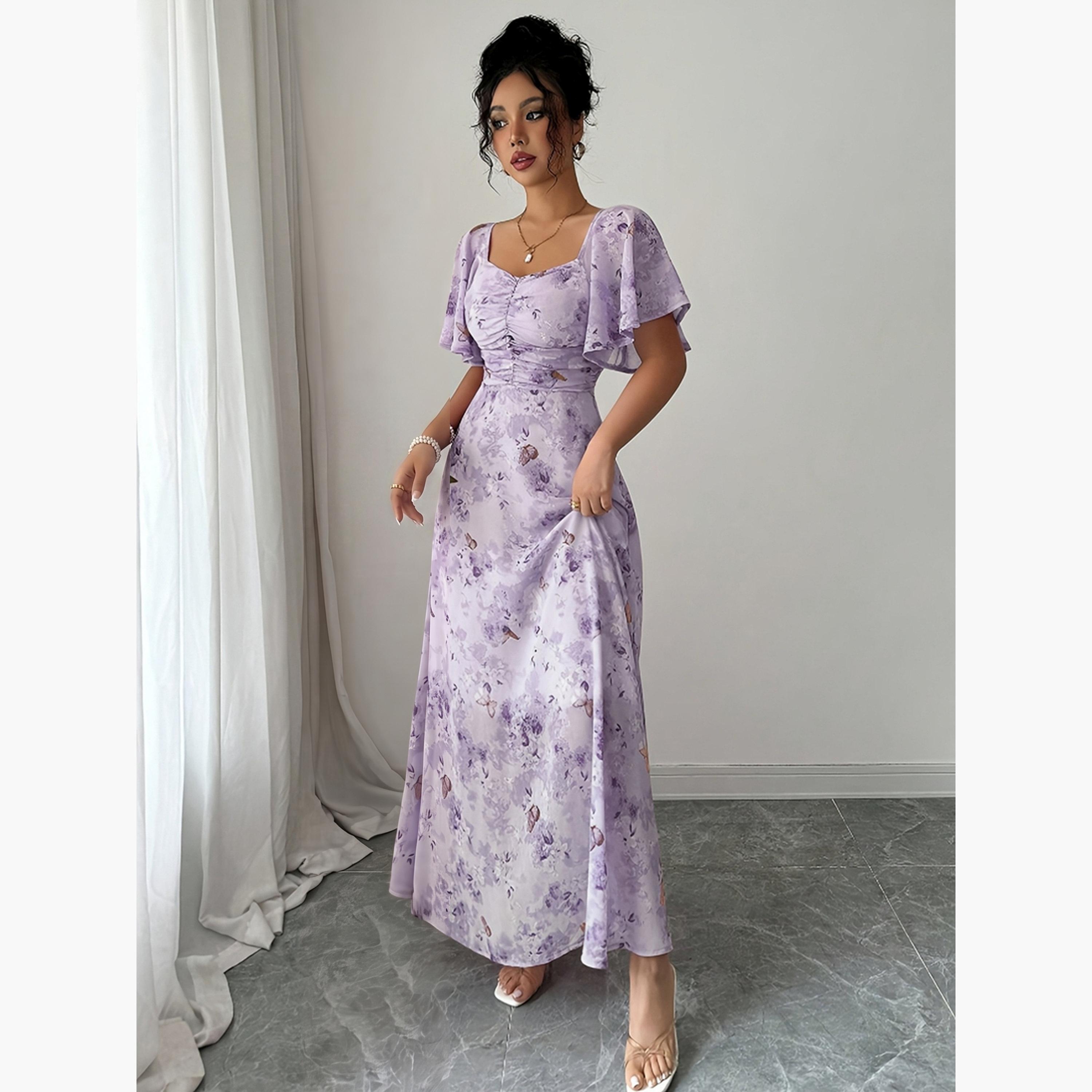 تيك تو - فستان ماكسي مطبوع عليه زهور وفراشات بنفسجية-women-clothing-dresses-image-3