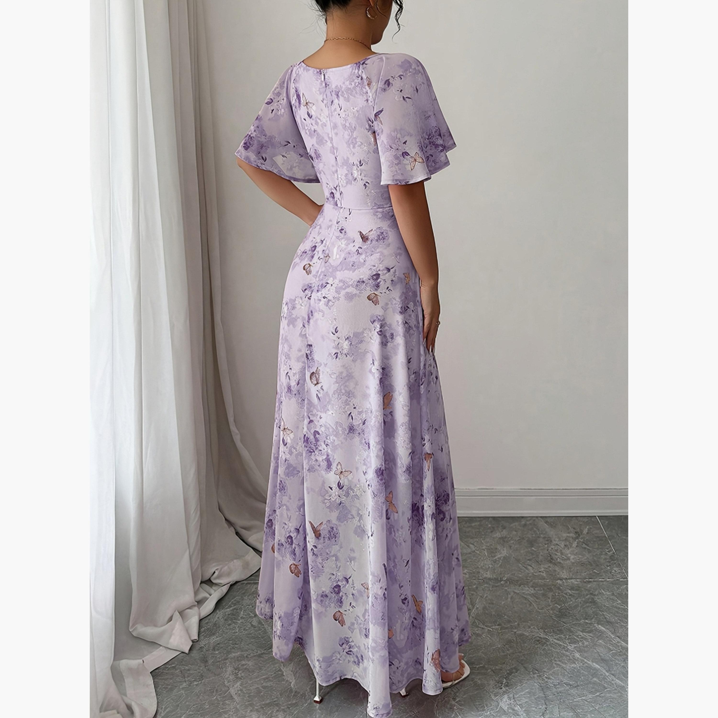 تيك تو - فستان ماكسي مطبوع عليه زهور وفراشات بنفسجية-women-clothing-dresses-image-4