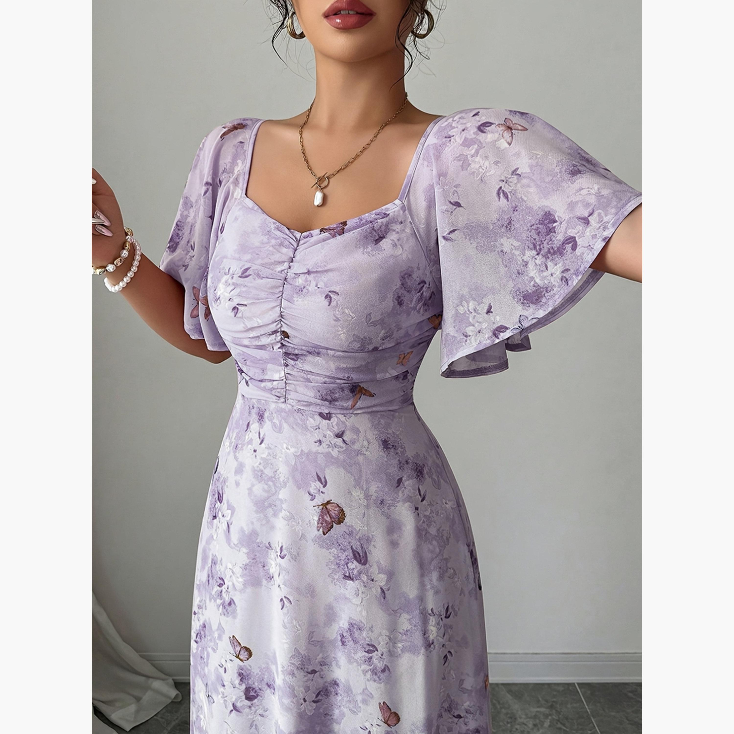 تيك تو - فستان ماكسي مطبوع عليه زهور وفراشات بنفسجية-women-clothing-dresses-image-5