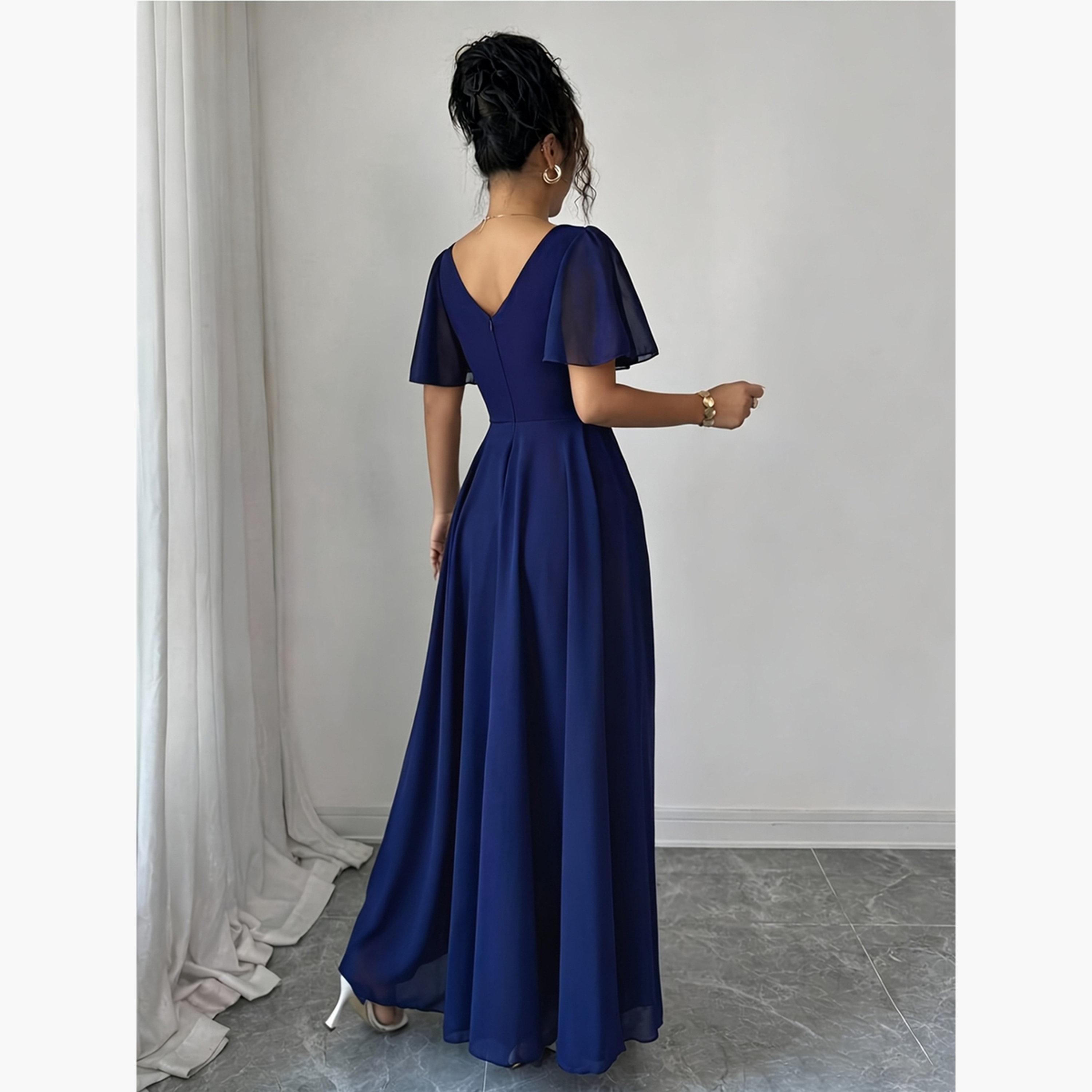 تيك تو - فستان ماكسي أزرق داكن بياقة على شكل حرف V وقصة واسعة من الأسفل-women-clothing-dresses-image-2