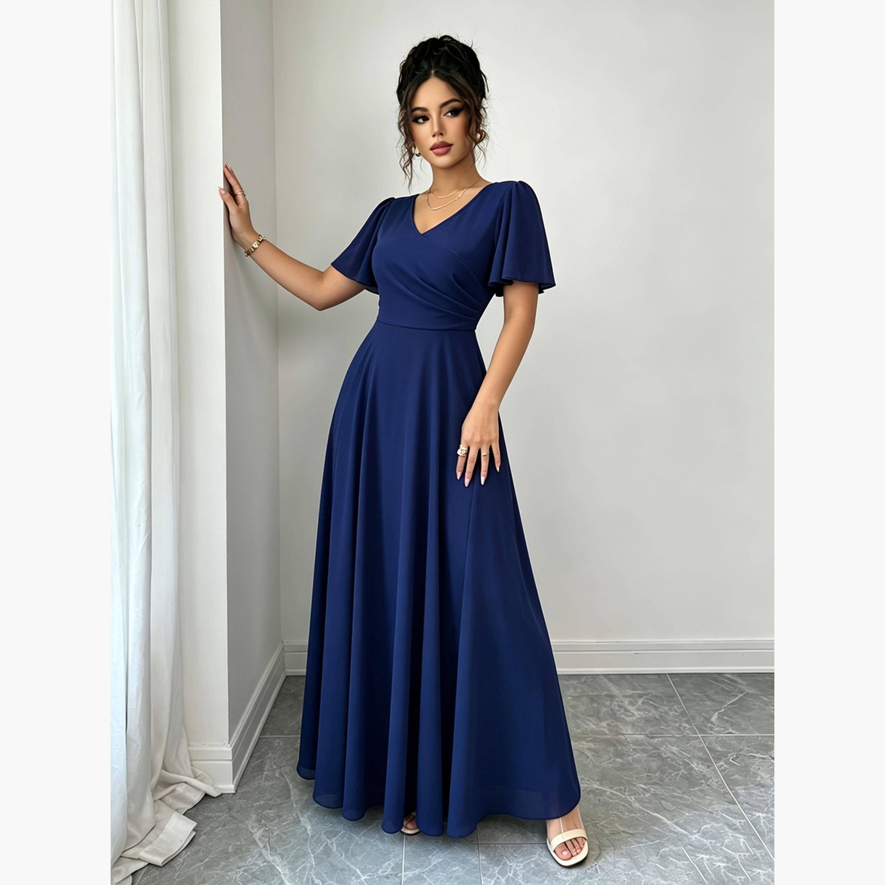 تيك تو - فستان ماكسي أزرق داكن بياقة على شكل حرف V وقصة واسعة من الأسفل-women-clothing-dresses-image-5