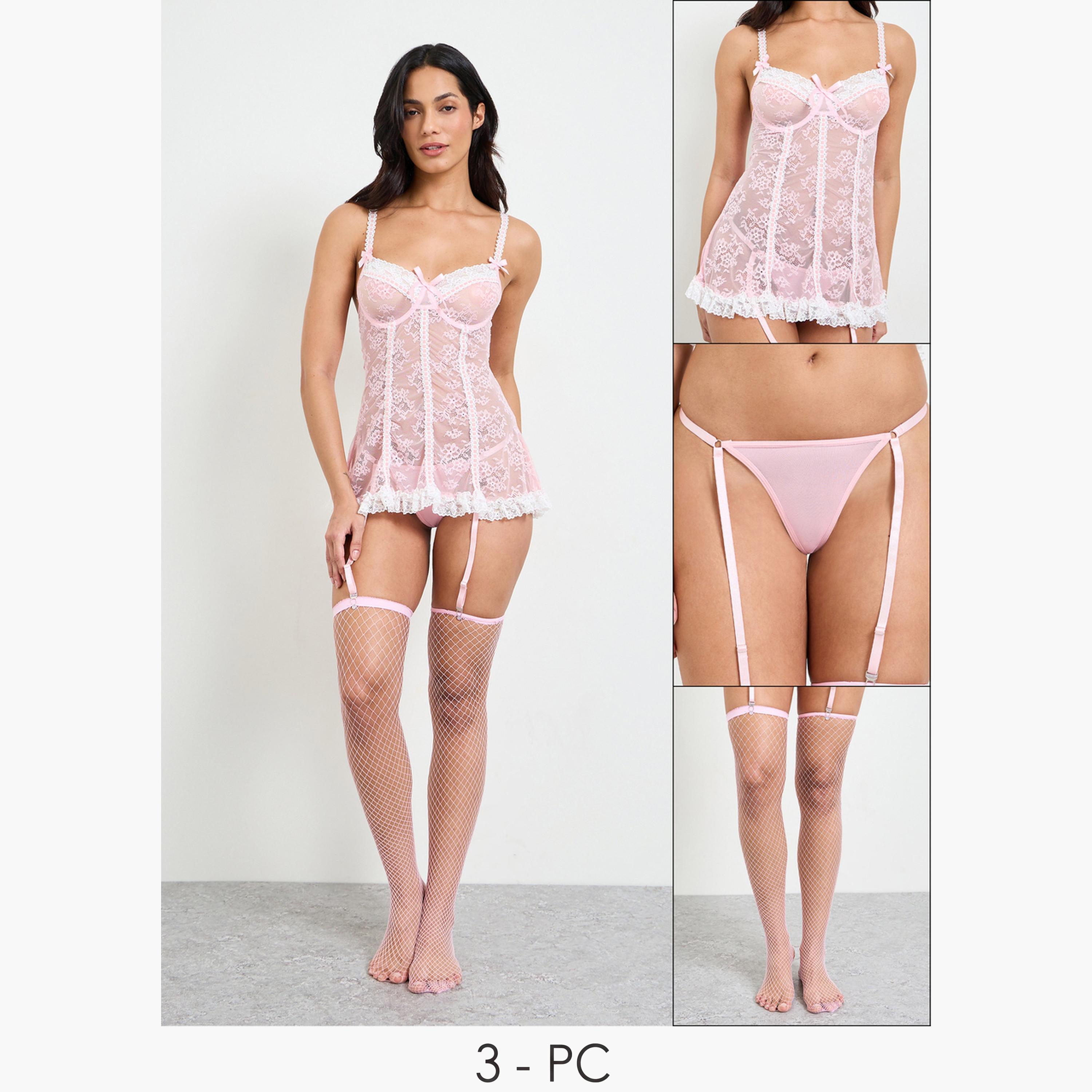 Take Two Pink Lace Slip, Brief and Stocking Suspender Set-women-clothing-lingerie-lingeriesets-image-1
