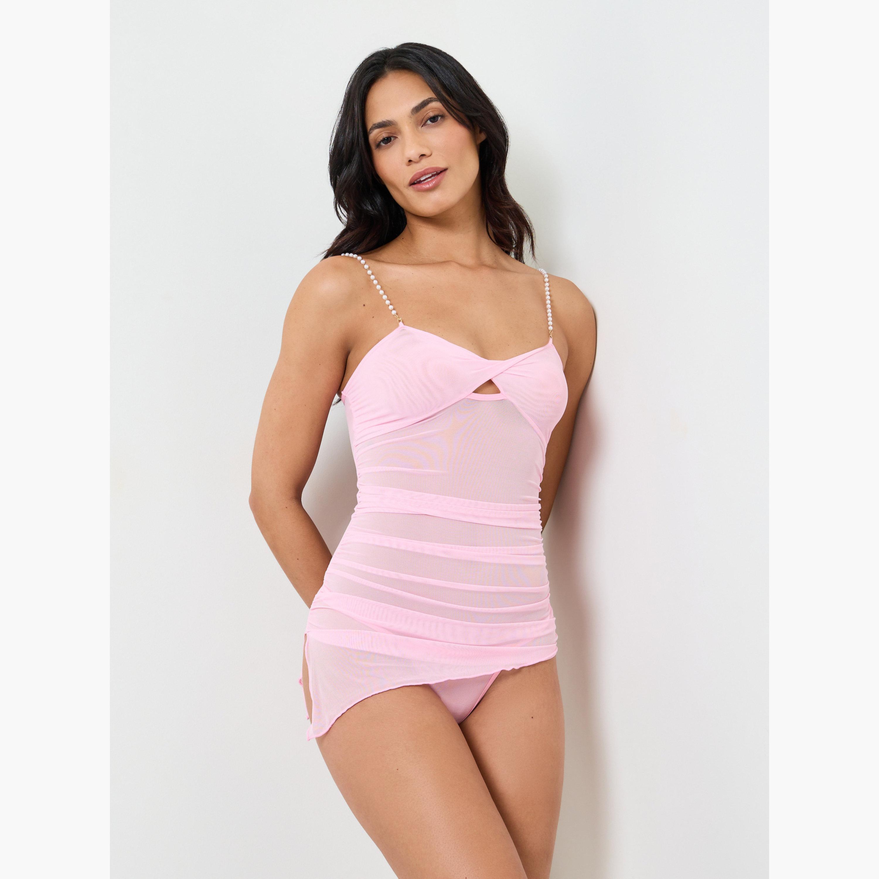 Take Two Pink Pearl-Strap Mesh Slip with Brief-women-clothing-lingerie-babydollsandbodysuits-image-1