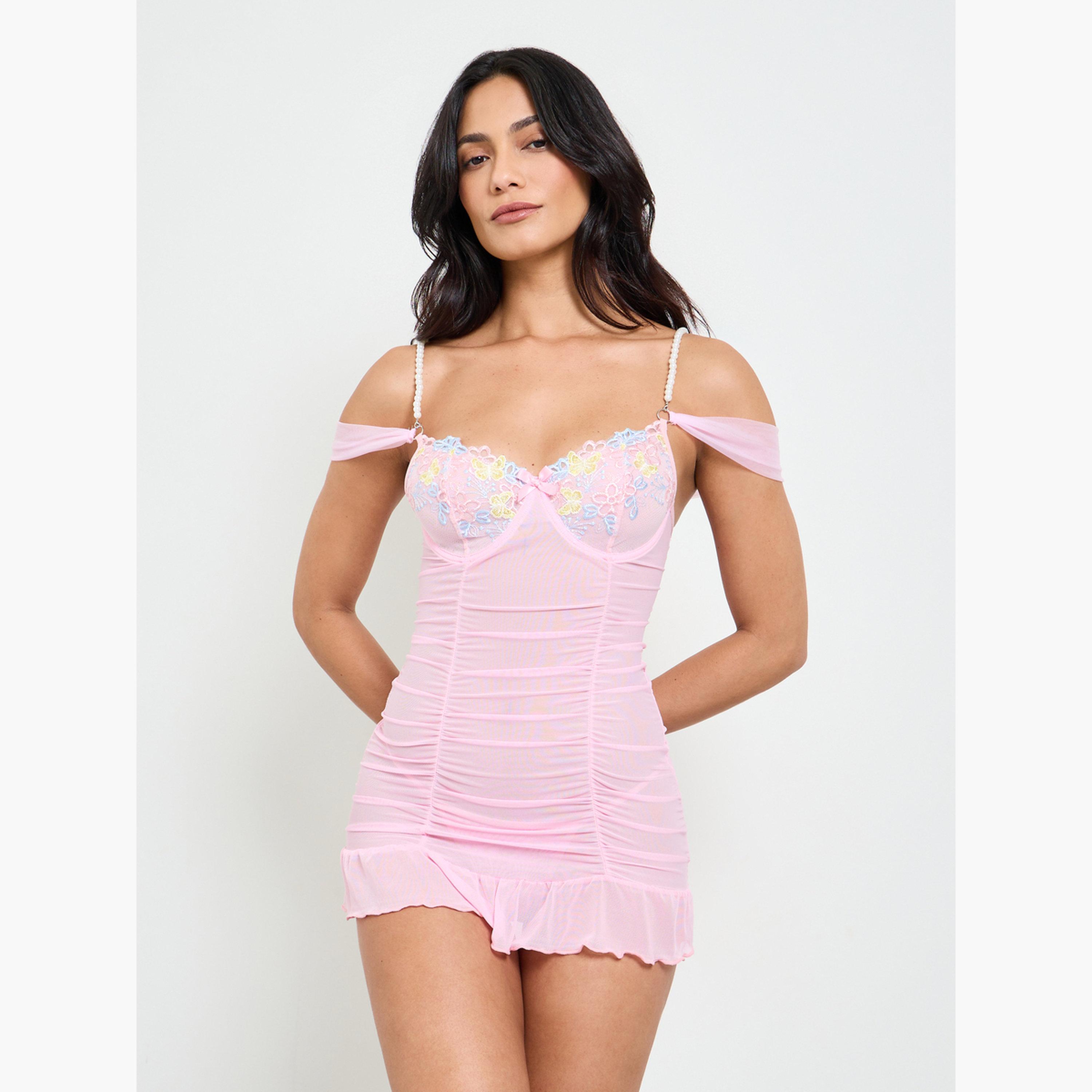 Take Two Pink Floral Mesh Slip with Pearl Straps and Brief Set-women-clothing-lingerie-babydollsandbodysuits-image-1