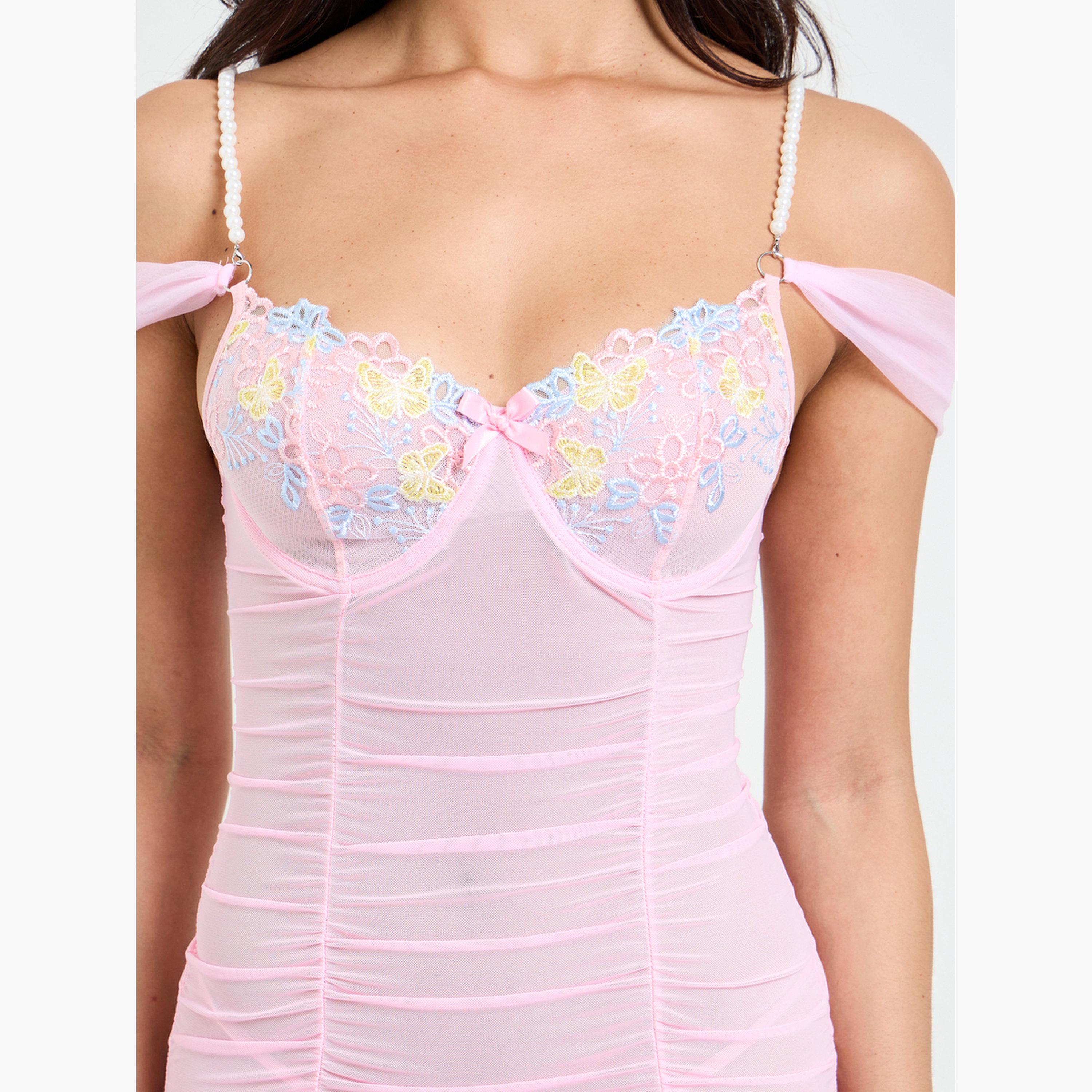 Take Two Pink Floral Mesh Slip with Pearl Straps and Brief Set-women-clothing-lingerie-babydollsandbodysuits-image-3