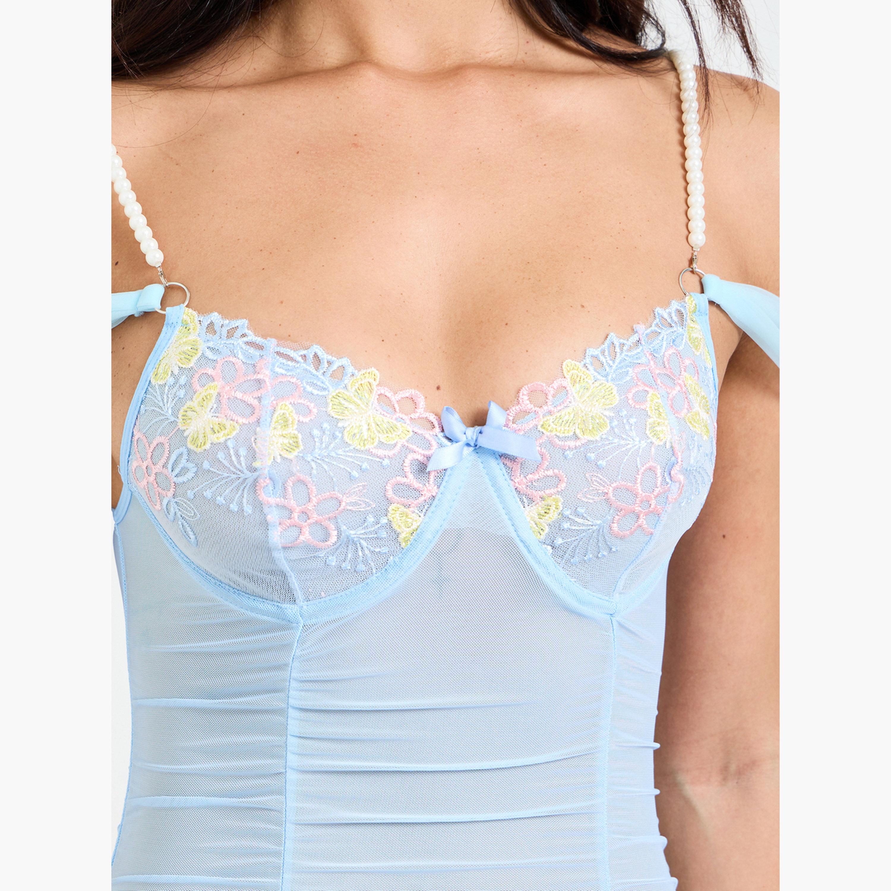 مجموعة من كلوت وقميص نوم قماش شبكي بحمالات لؤلؤ وطبعة أزهار-women-clothing-lingerie-babydollsandbodysuits-image-4