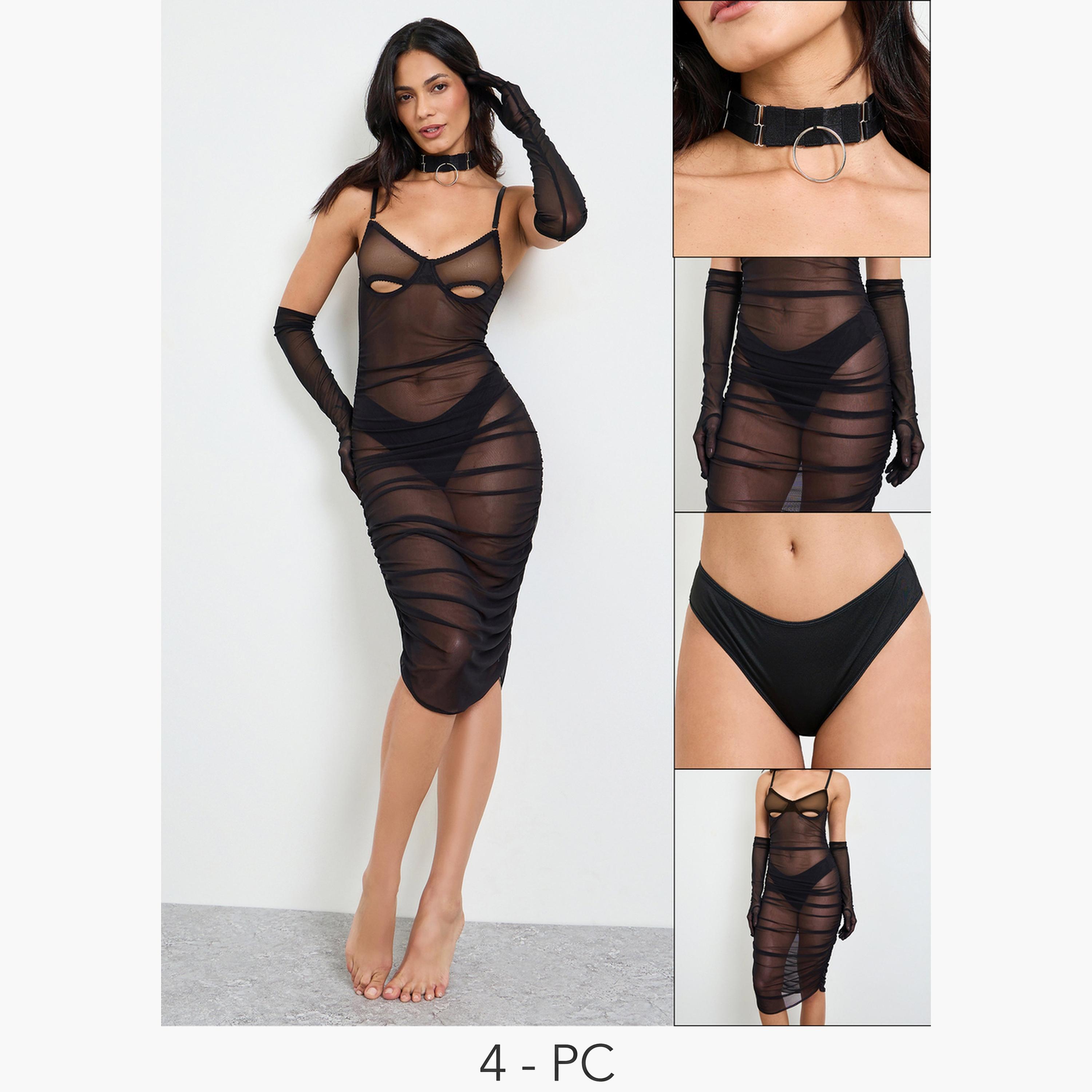 Take Two Pack of 4 - Black Sheer Slip, Gloves, Brief and Chocker Necklace-women-clothing-lingerie-lingeriesets-image-1