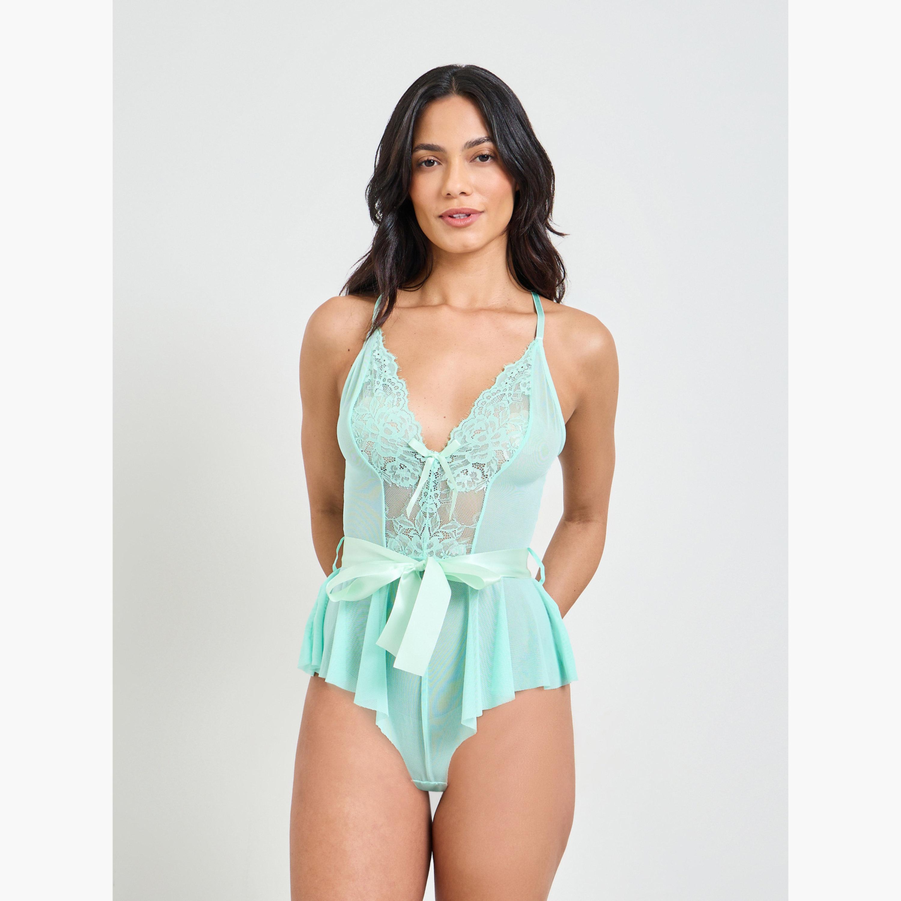 Take Two Green Lace Panel Bow Detail Bodysuit-women-clothing-lingerie-babydollsandbodysuits-image-1