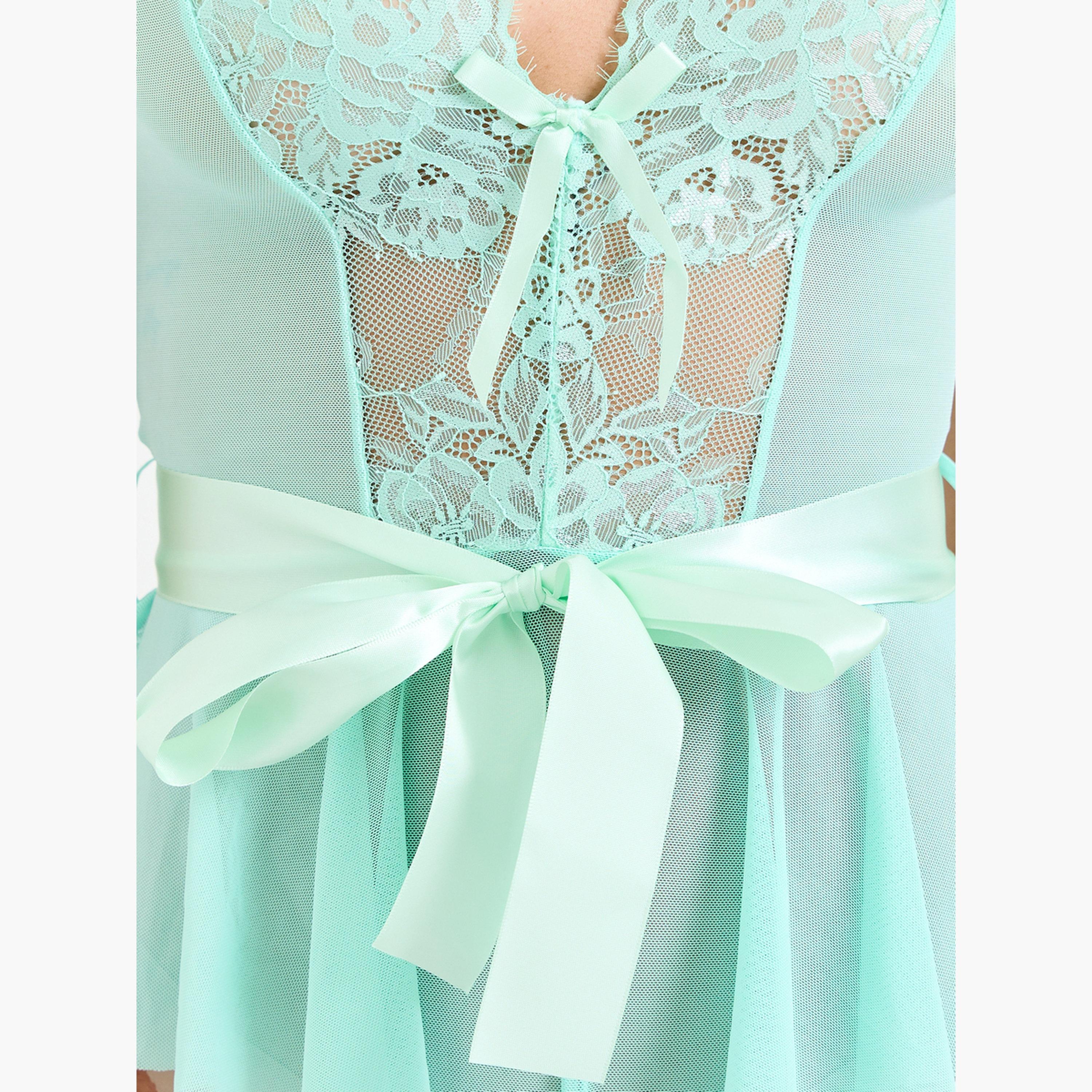 Take Two Green Lace Panel Bow Detail Bodysuit-women-clothing-lingerie-babydollsandbodysuits-image-4