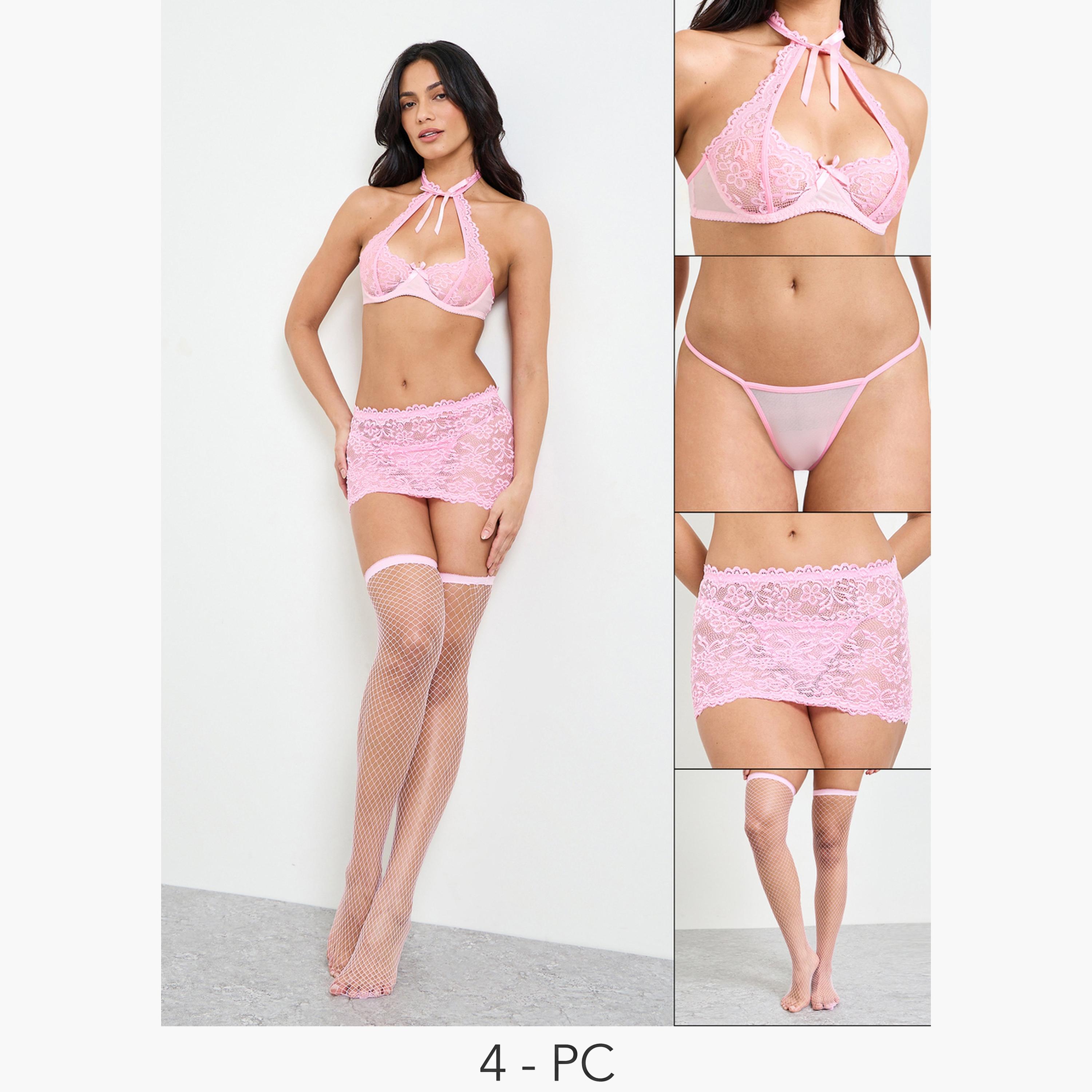 Take Two Pack of 4 - Pink Lace Halter Bra, Skirt, Stockings and Thong Lingerie Set-women-clothing-lingerie-lingeriesets-image-1