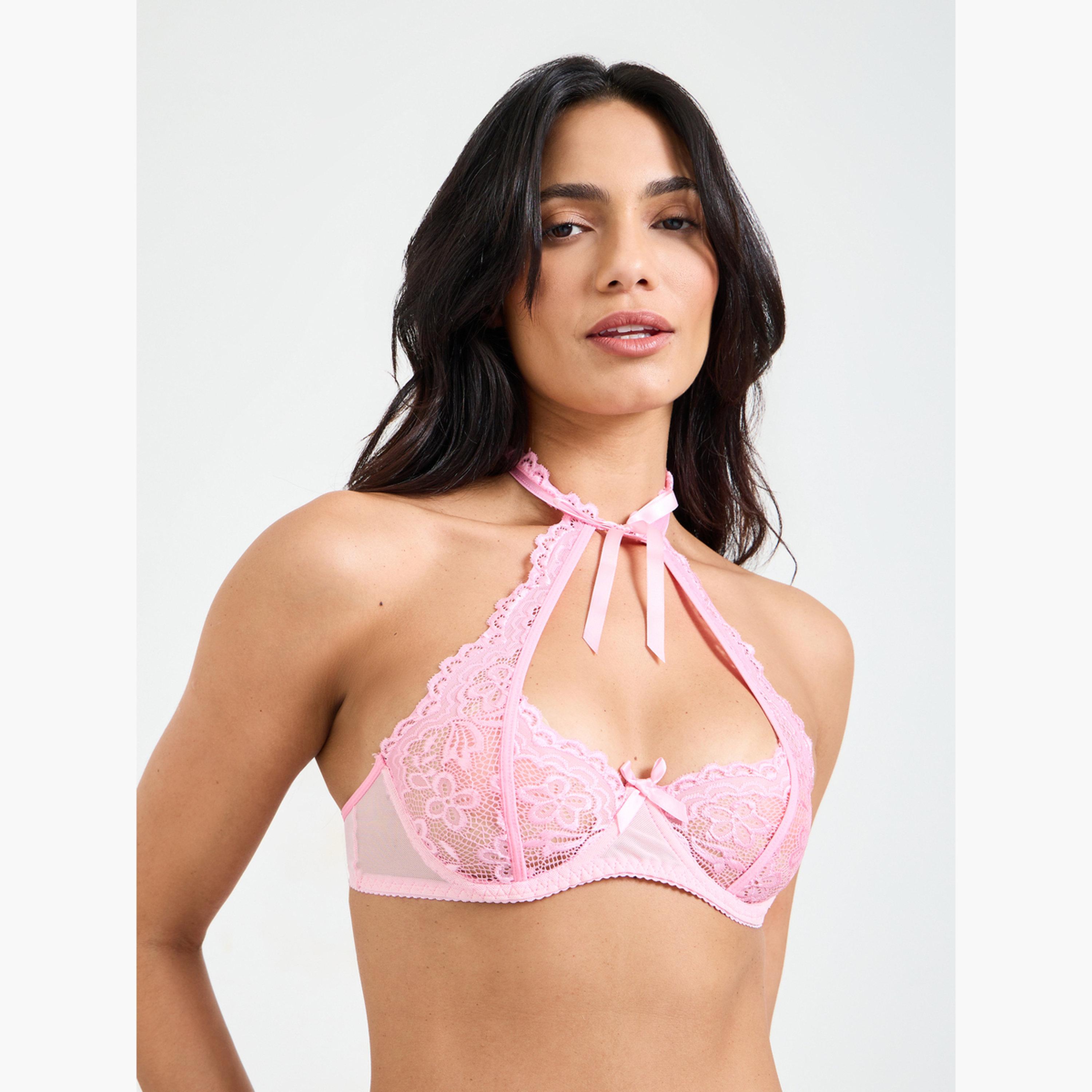 Take Two Pack of 4 - Pink Lace Halter Bra, Skirt, Stockings and Thong Lingerie Set-women-clothing-lingerie-lingeriesets-image-4