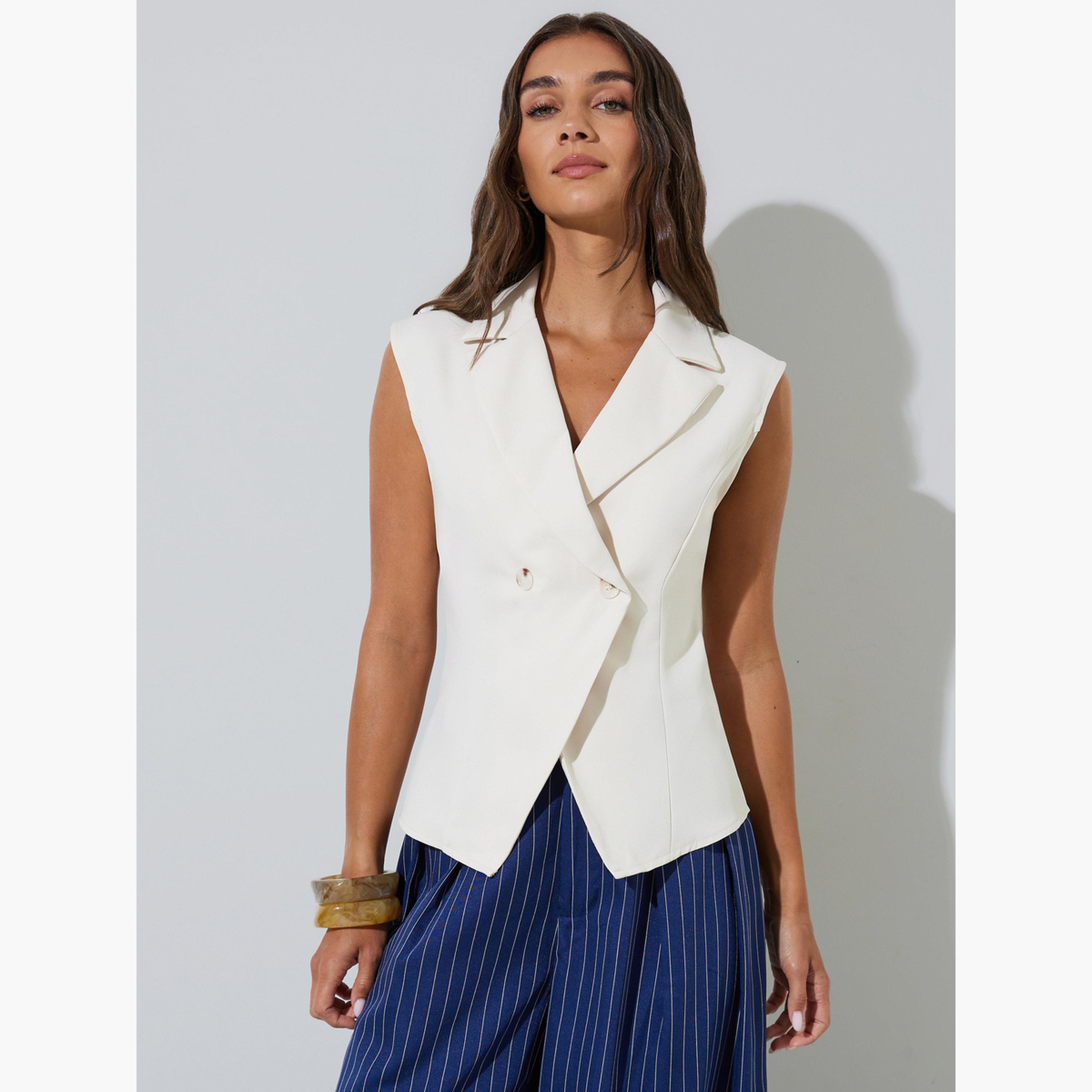 Styli Beige Solid Double-Breasted Casual Waistcoat-women-clothing-shirtsandblouses-blouses-image-1