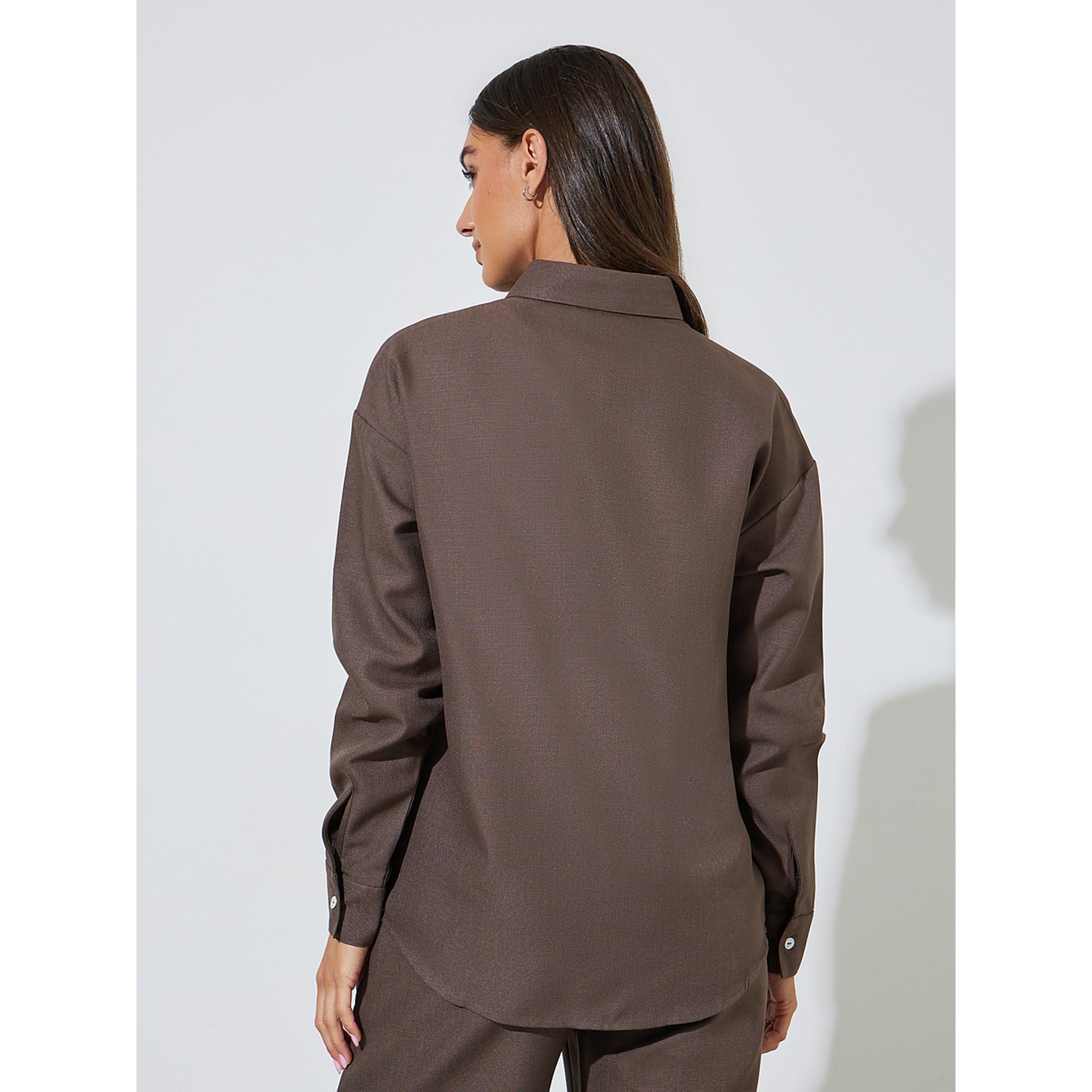 بلوزة واسعة سادة بأكمام طويلة وأزرار باللون البني-women-clothing-shirtsandblouses-shirts-image-3