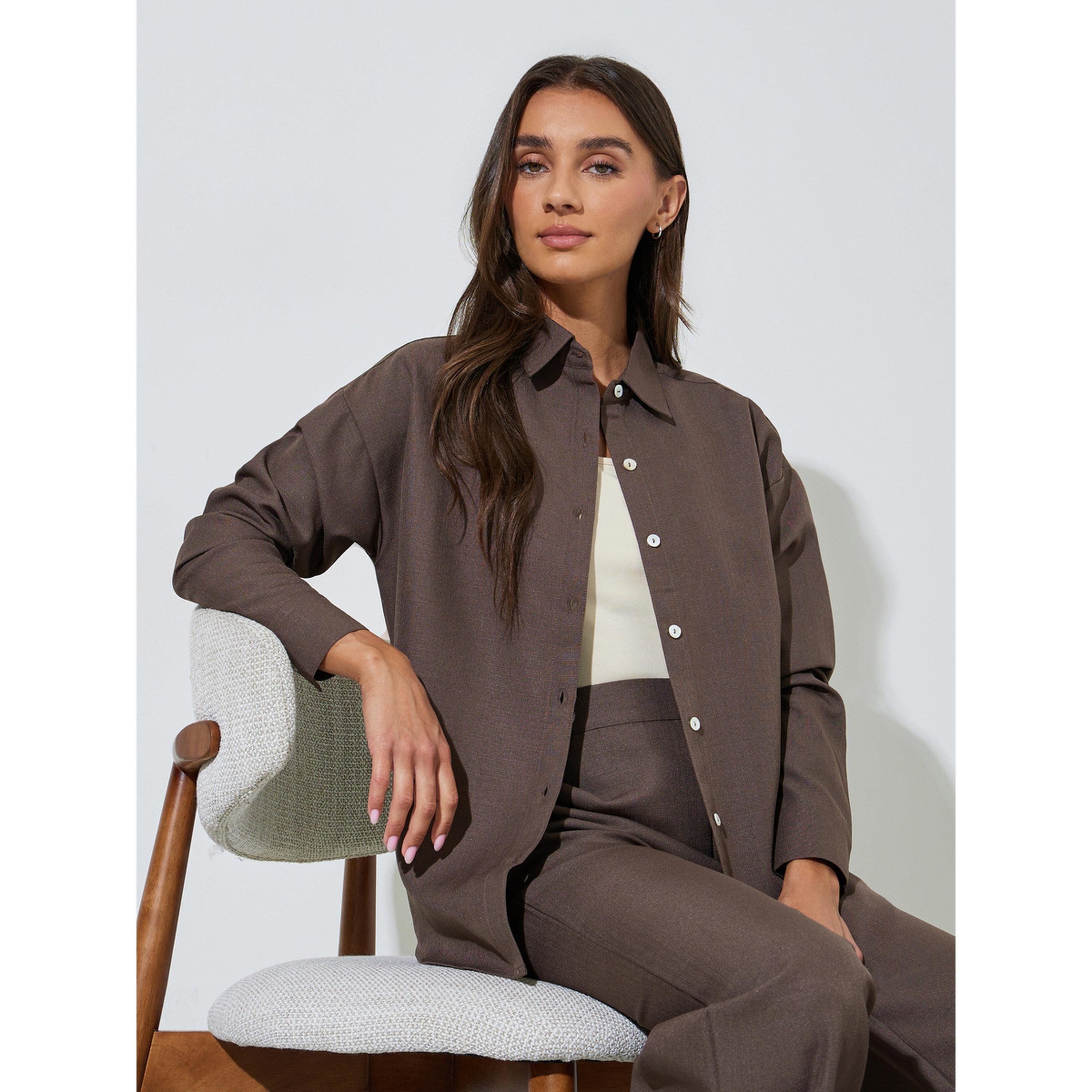 بلوزة واسعة سادة بأكمام طويلة وأزرار باللون البني-women-clothing-shirtsandblouses-shirts-image-4