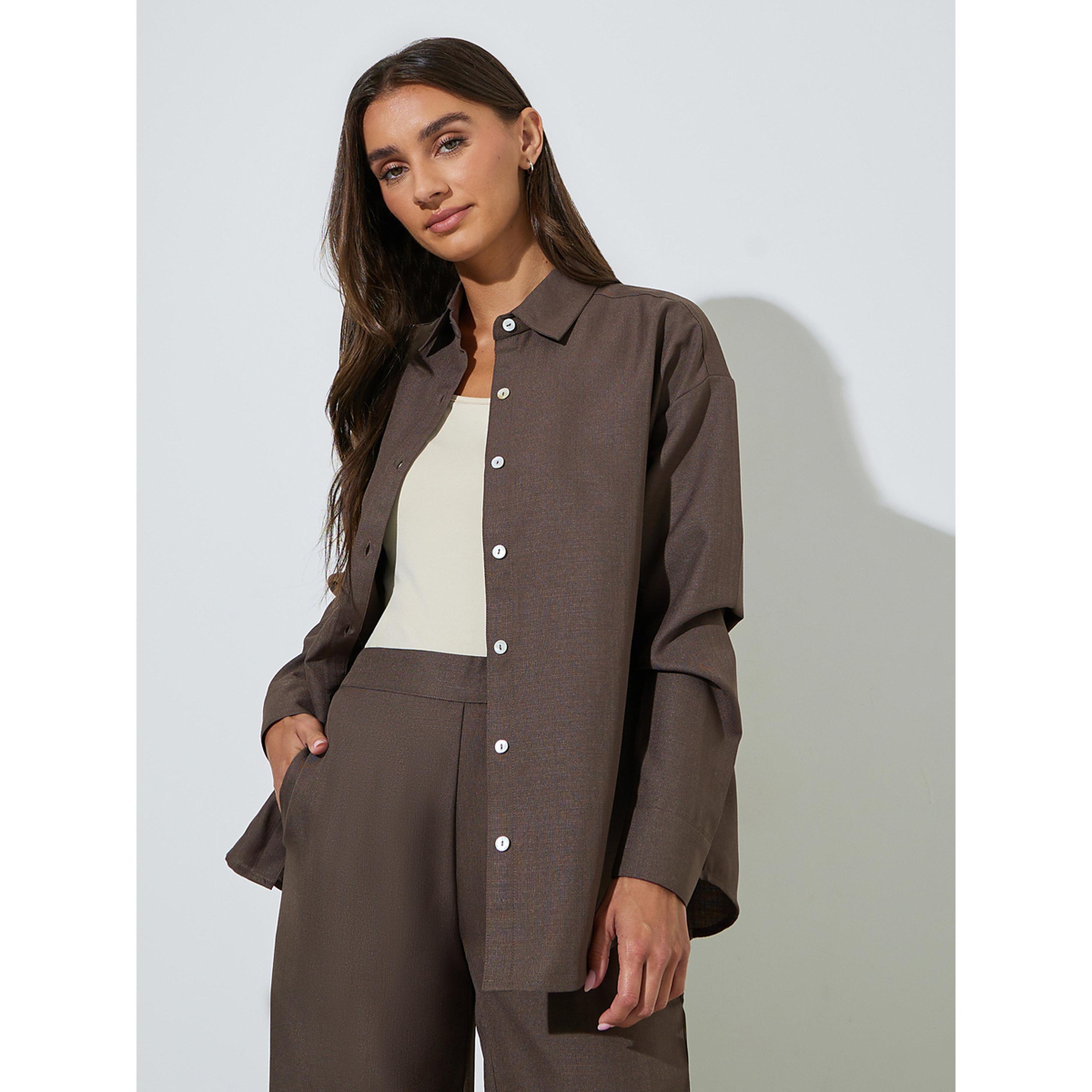 بلوزة واسعة سادة بأكمام طويلة وأزرار باللون البني-women-clothing-shirtsandblouses-shirts-image-5