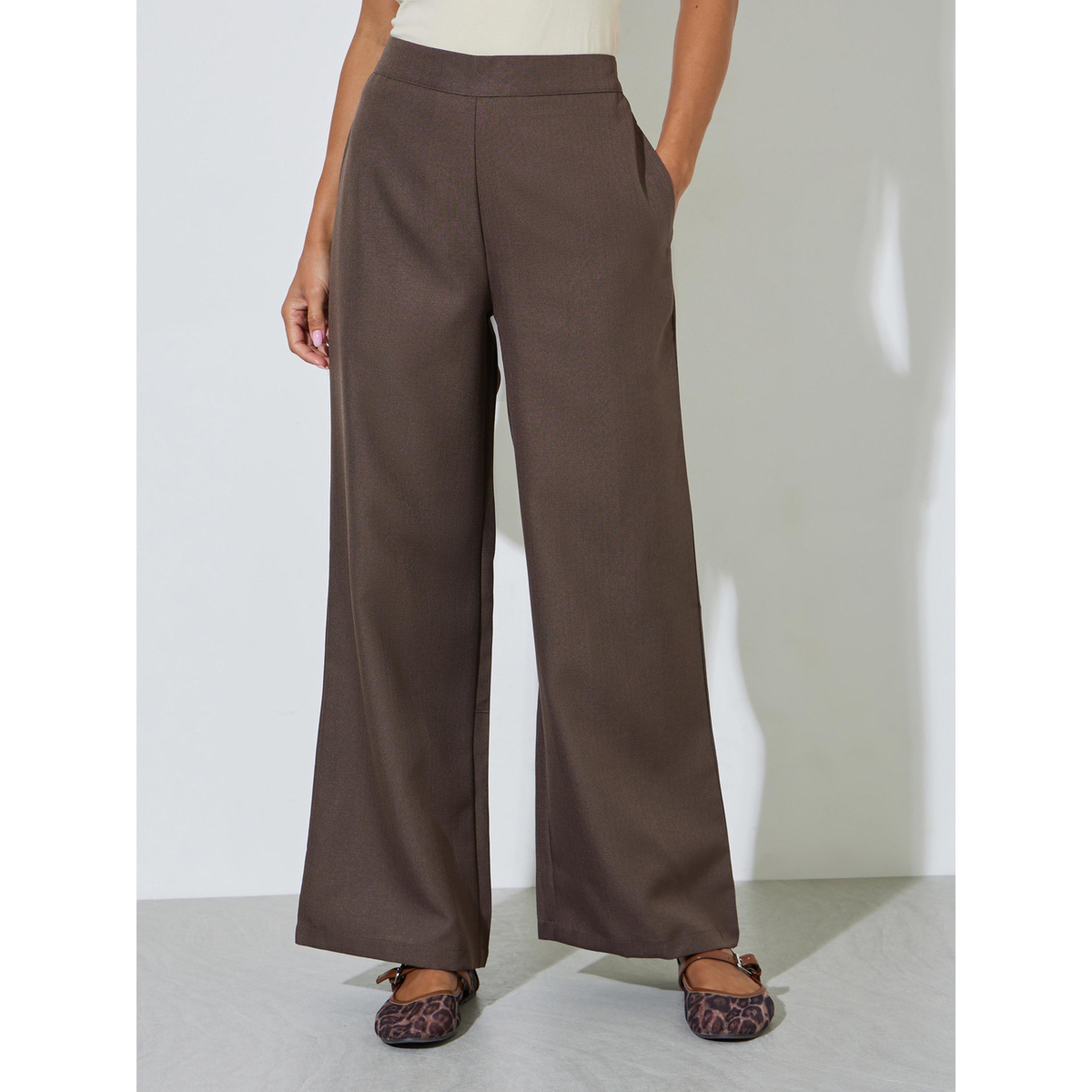 بنطال بأرجل واسعة وخصر عالٍ بلون بني سادة-women-clothing-joggers-image-1