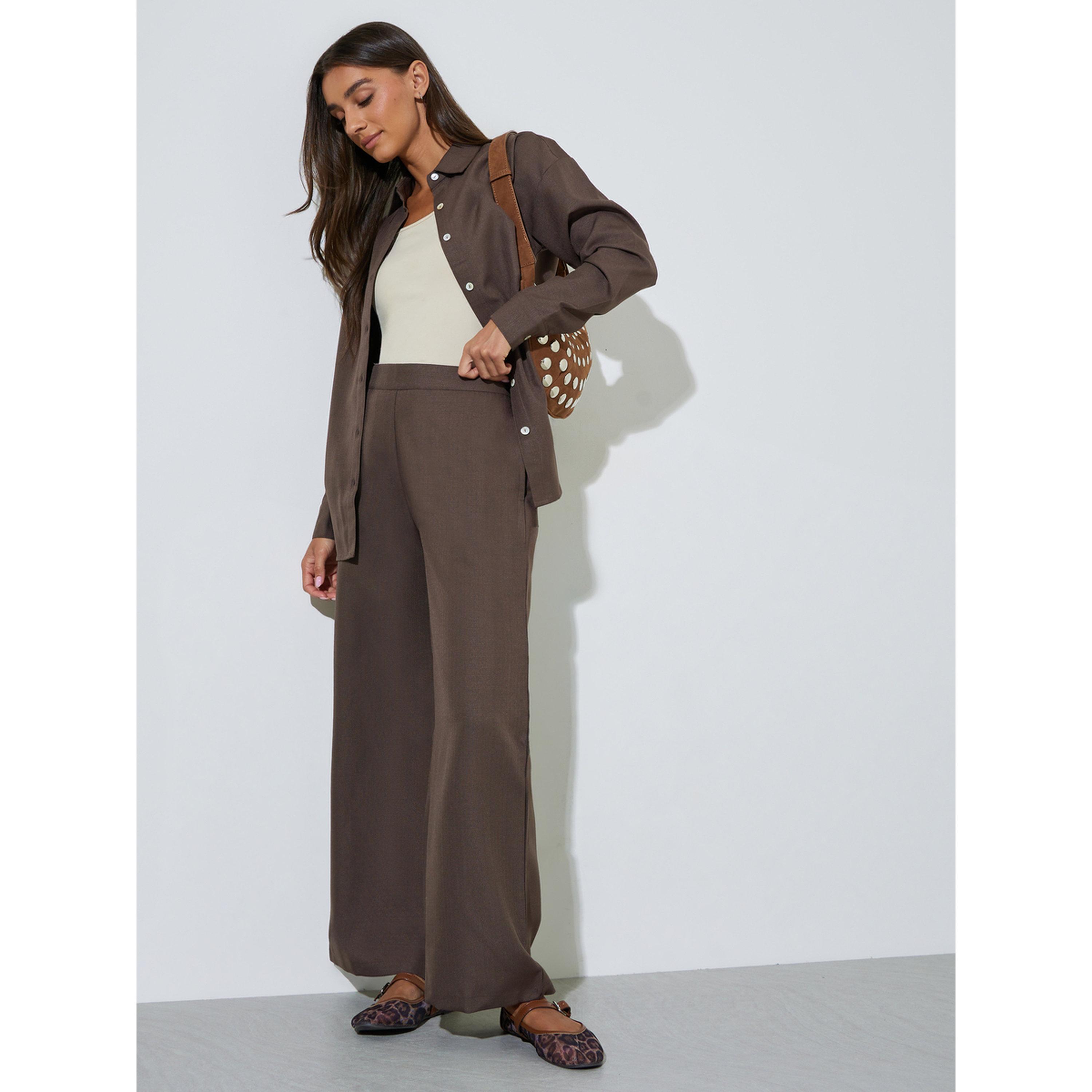 بنطال بأرجل واسعة وخصر عالٍ بلون بني سادة-women-clothing-joggers-image-2