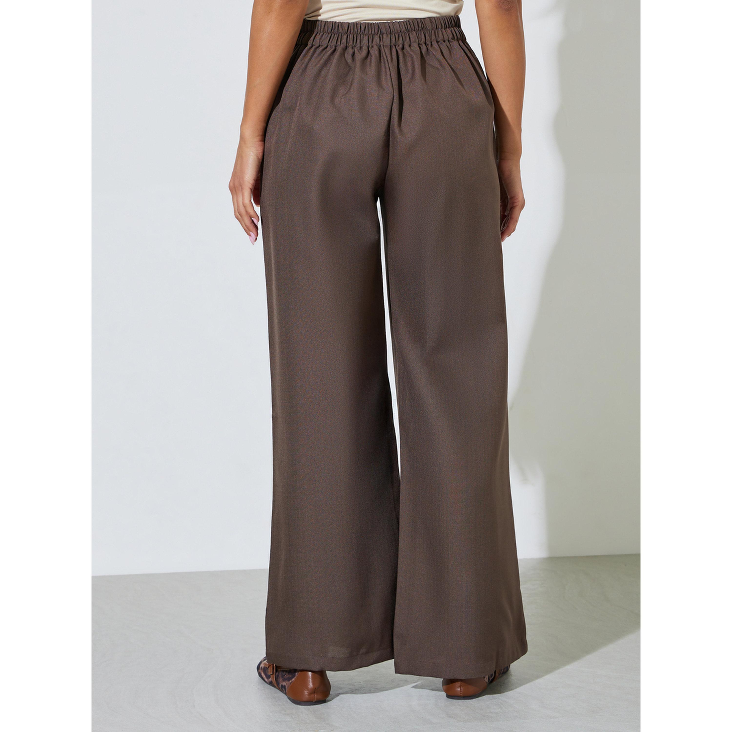بنطال بأرجل واسعة وخصر عالٍ بلون بني سادة-women-clothing-joggers-image-4