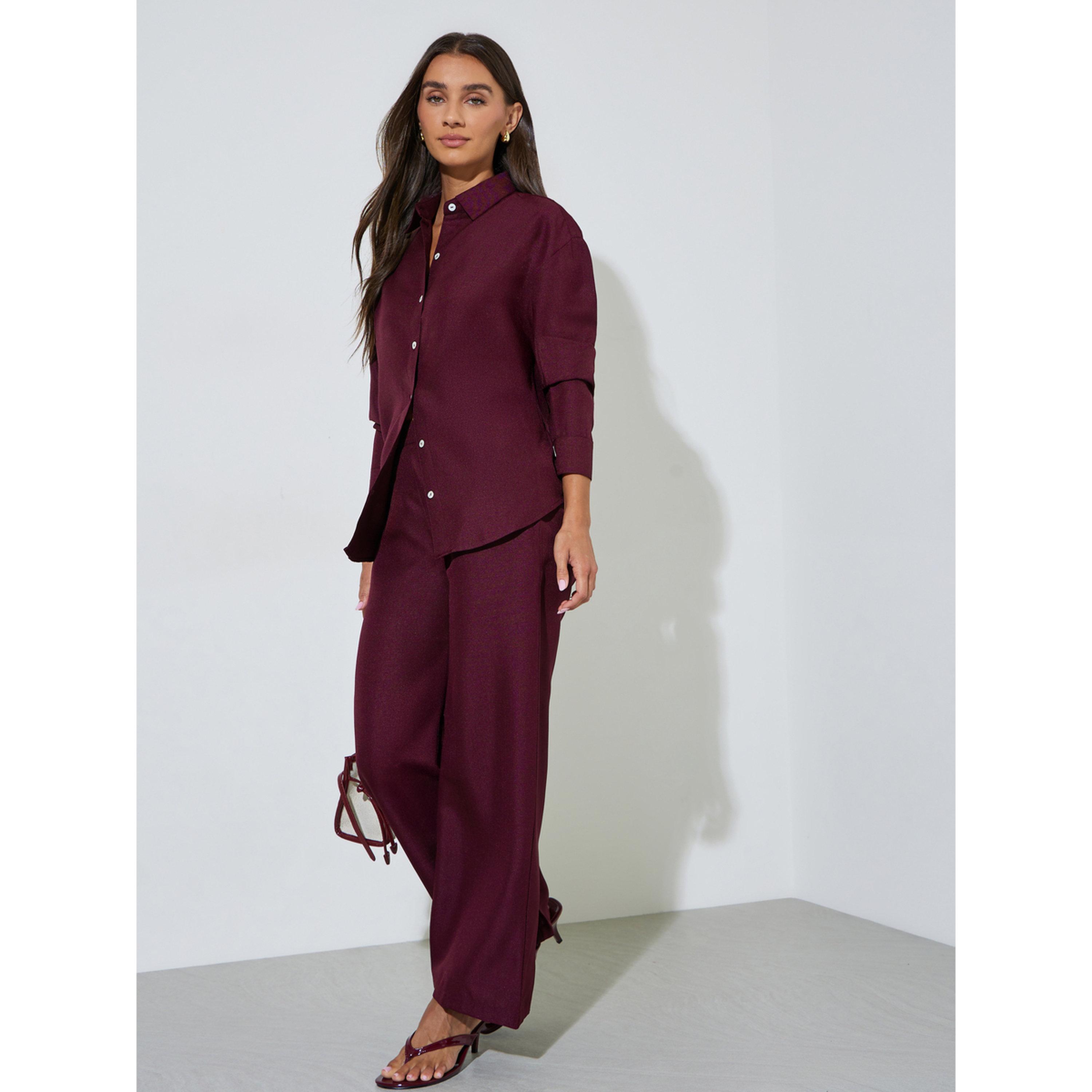 Styli Burgundy Solid Wide Leg High Rise Trousers-women-clothing-joggers-image-2