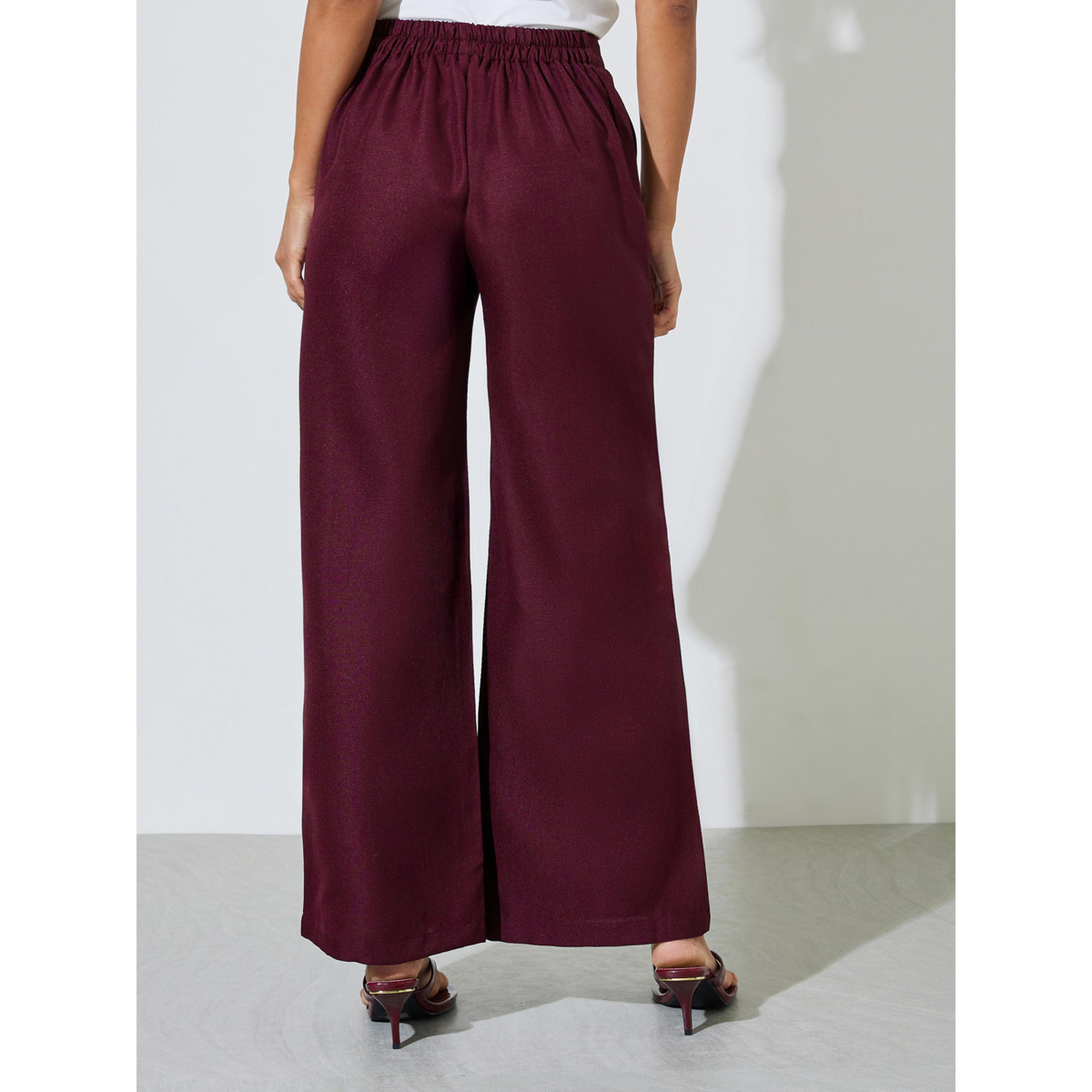 Styli Burgundy Solid Wide Leg High Rise Trousers-women-clothing-joggers-image-4