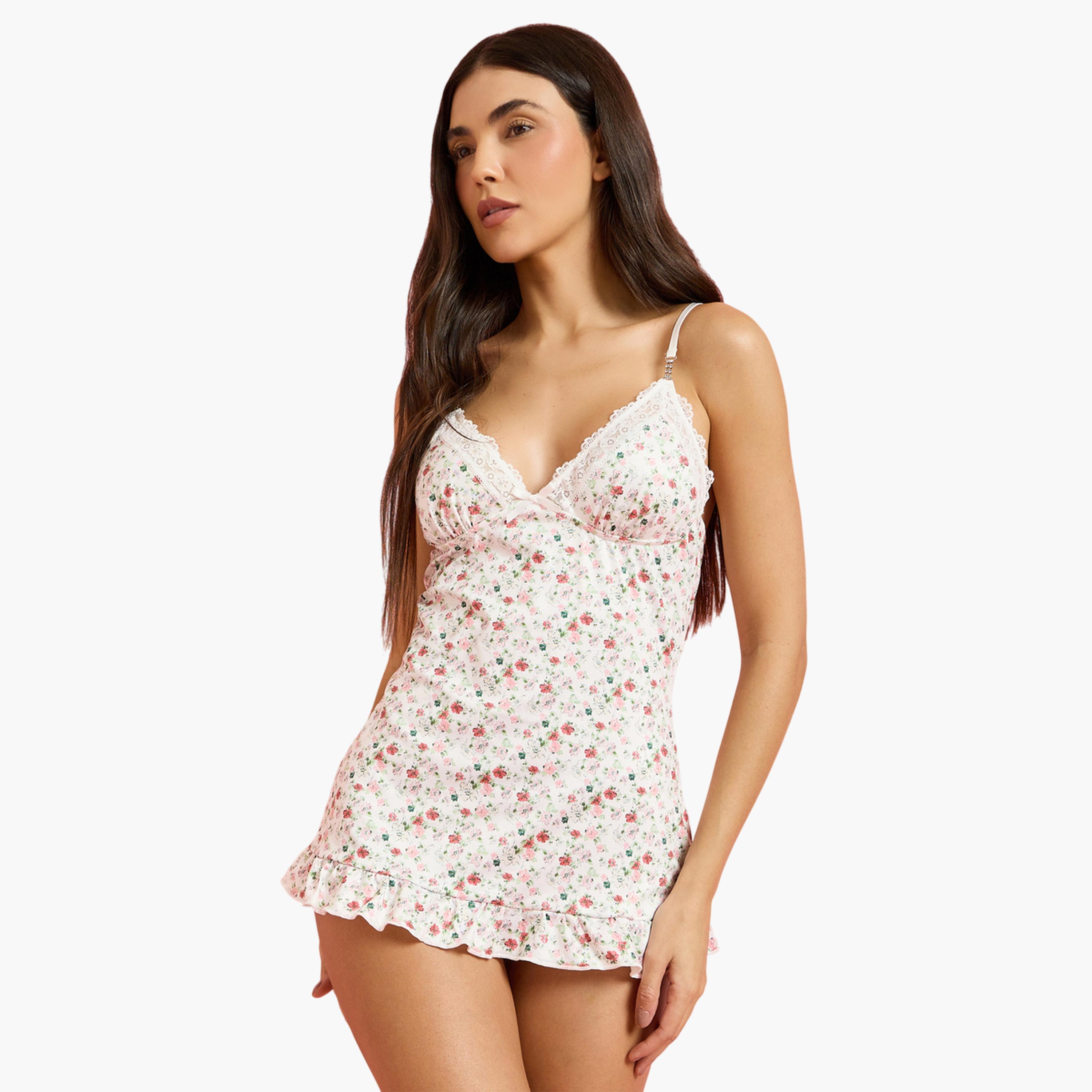 قميص نوم بحافة مكشكشة ومطبع بالزهور-women-clothing-lingerie-babydollsandbodysuits-image-1