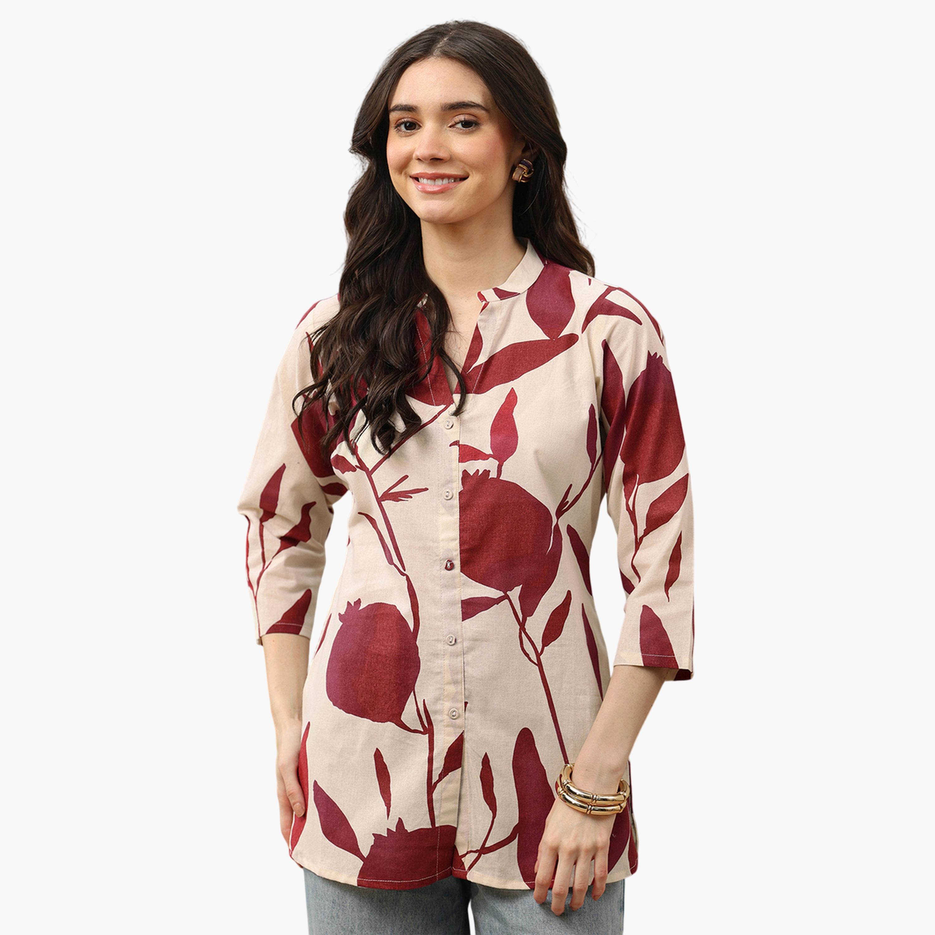 Libas X Styli Off White Printed Cotton Shirt-women-clothing-shirtsandblouses-shirts-image-1