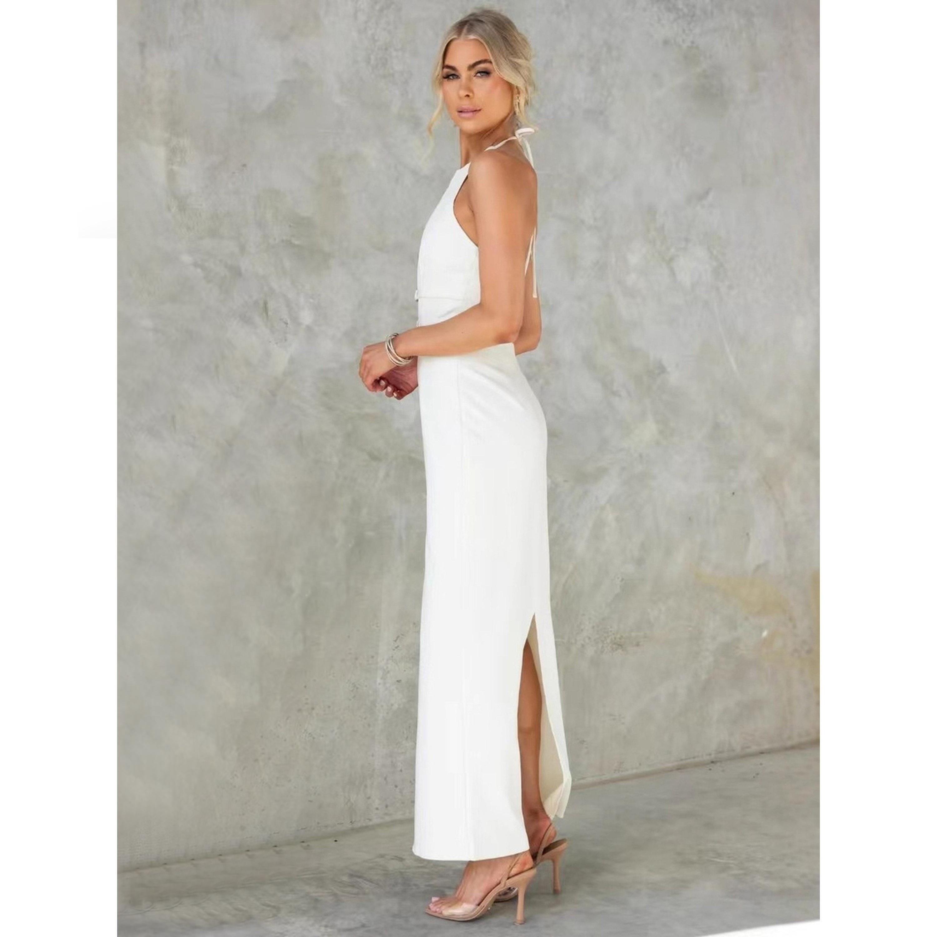 Take Two White Halter Neck Buckle Detail Maxi Dress-women-clothing-dresses-image-2