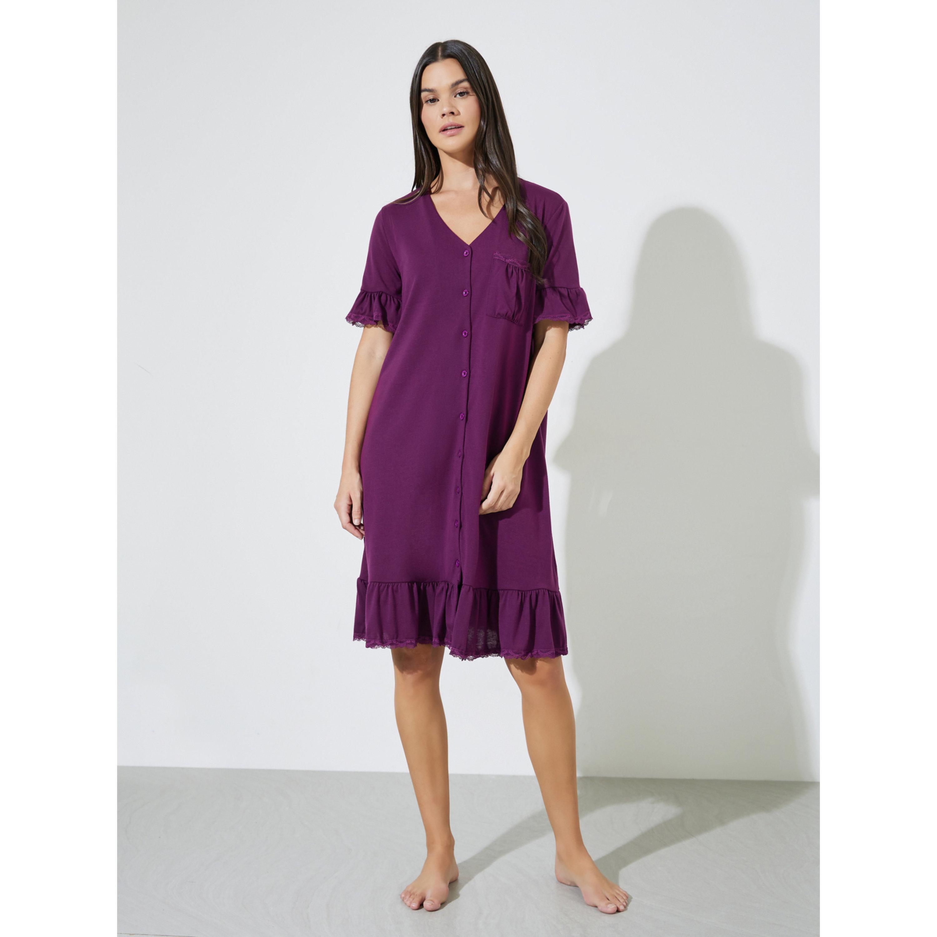 Styli Burgundy V Neck Lace Insert Ruffle Hem Nightshirt-women-clothing-nightwear-nighties-image-2