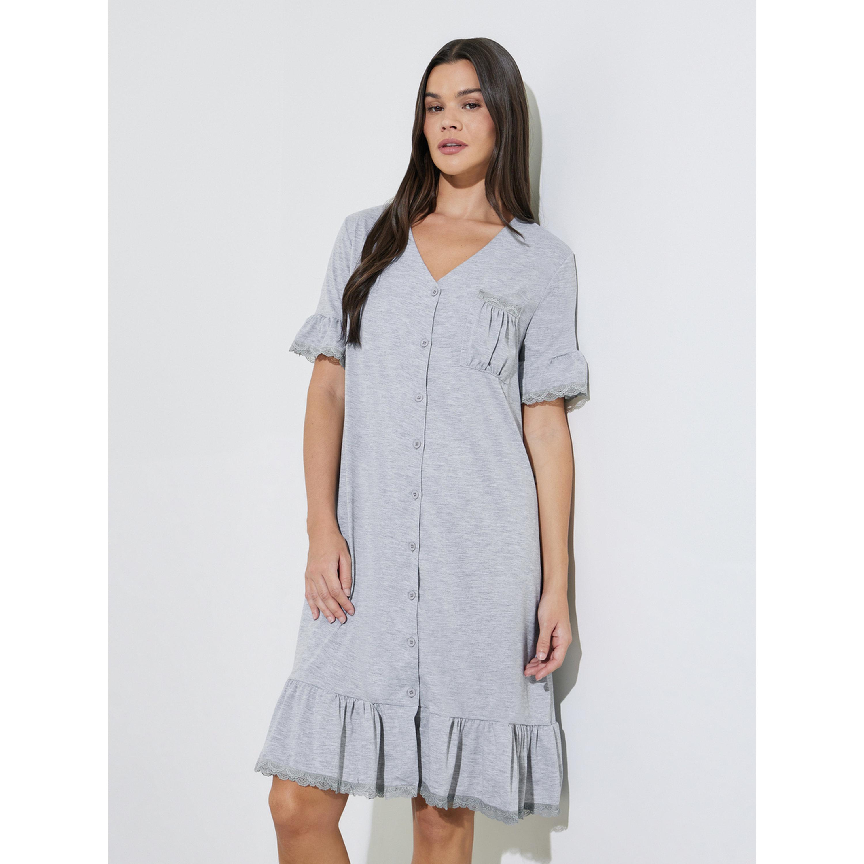 Styli Grey V Neck Lace Insert Ruffle Hem Nightshirt-women-clothing-nightwear-nighties-image-1