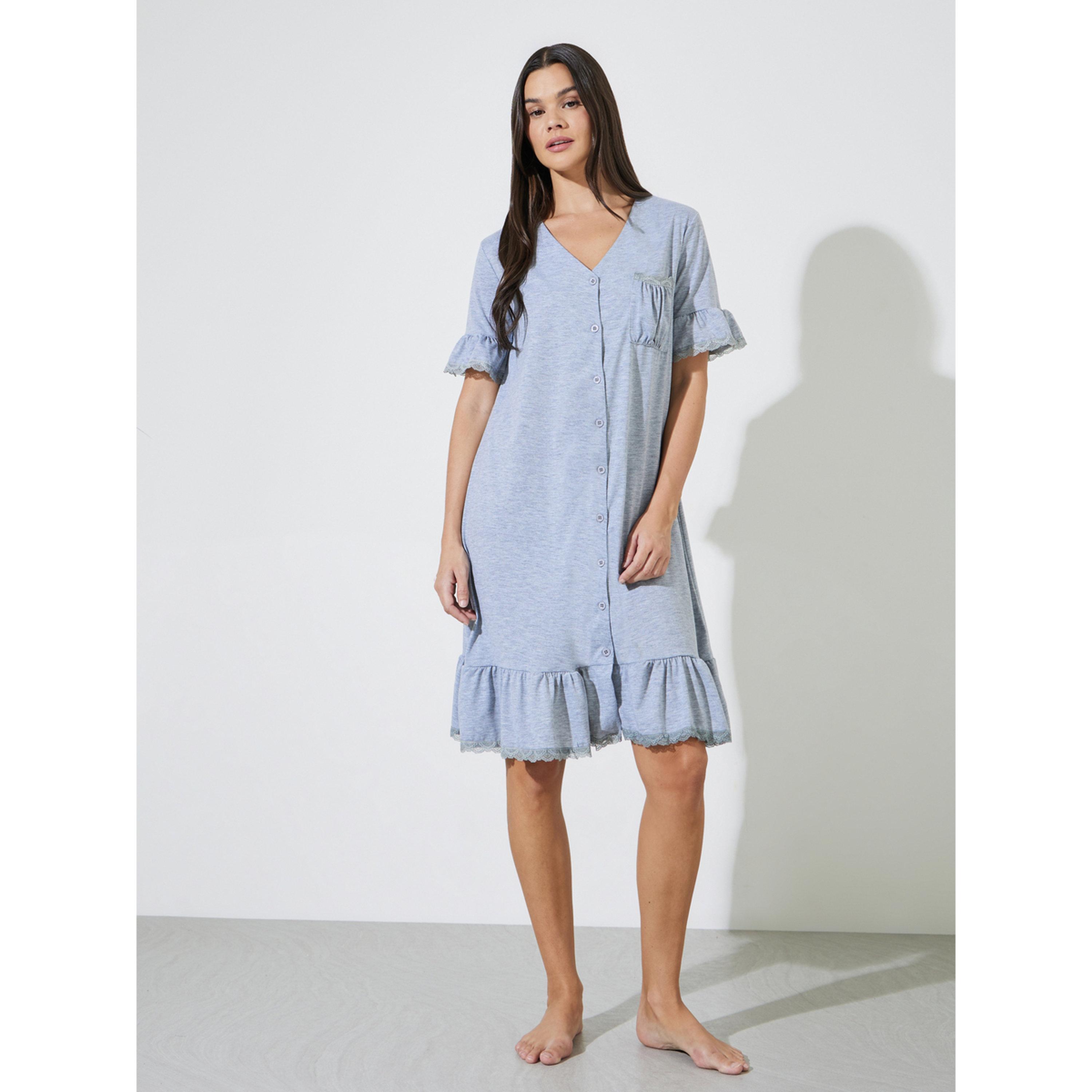 Styli Grey V Neck Lace Insert Ruffle Hem Nightshirt-women-clothing-nightwear-nighties-image-2