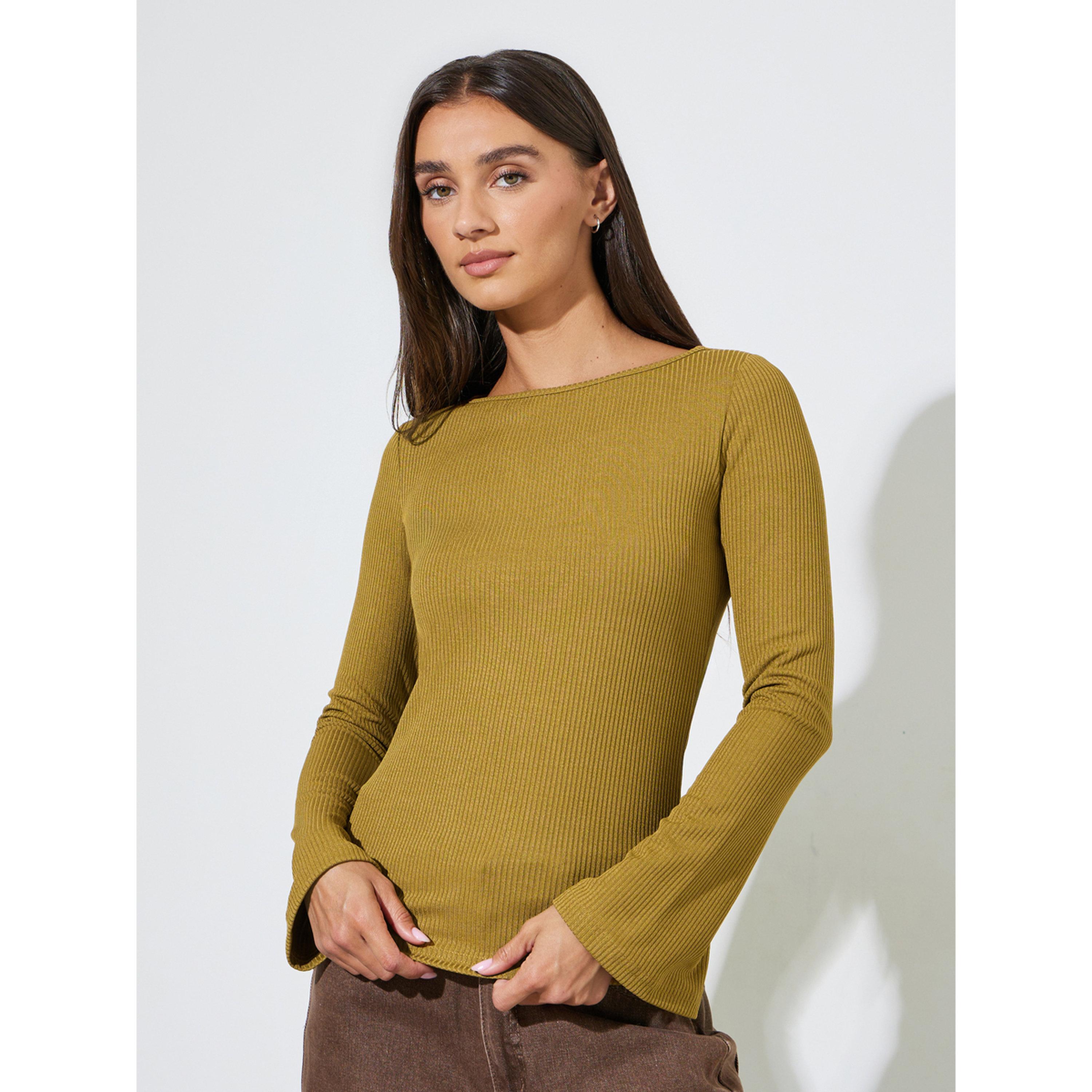 Styli Mustard Long Flared Sleeves Wide Neck Knit Top-women-clothing-shirtsandblouses-blouses-image-1