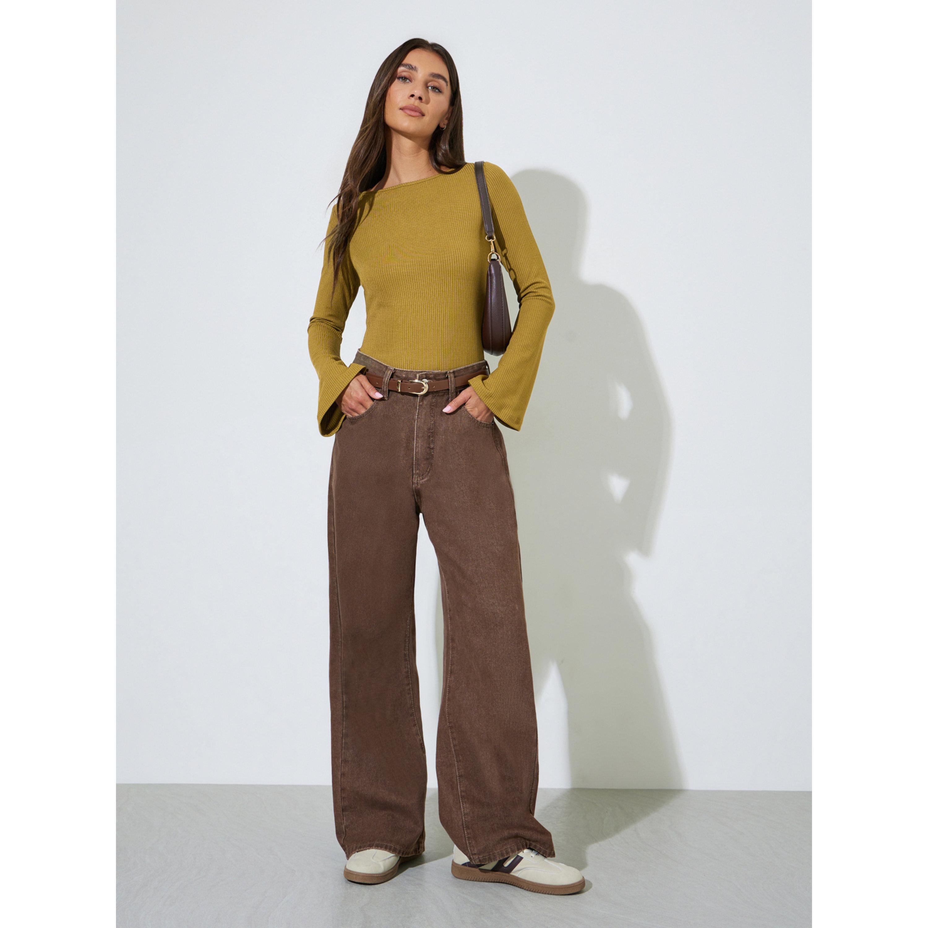 Styli Mustard Long Flared Sleeves Wide Neck Knit Top-women-clothing-shirtsandblouses-blouses-image-2