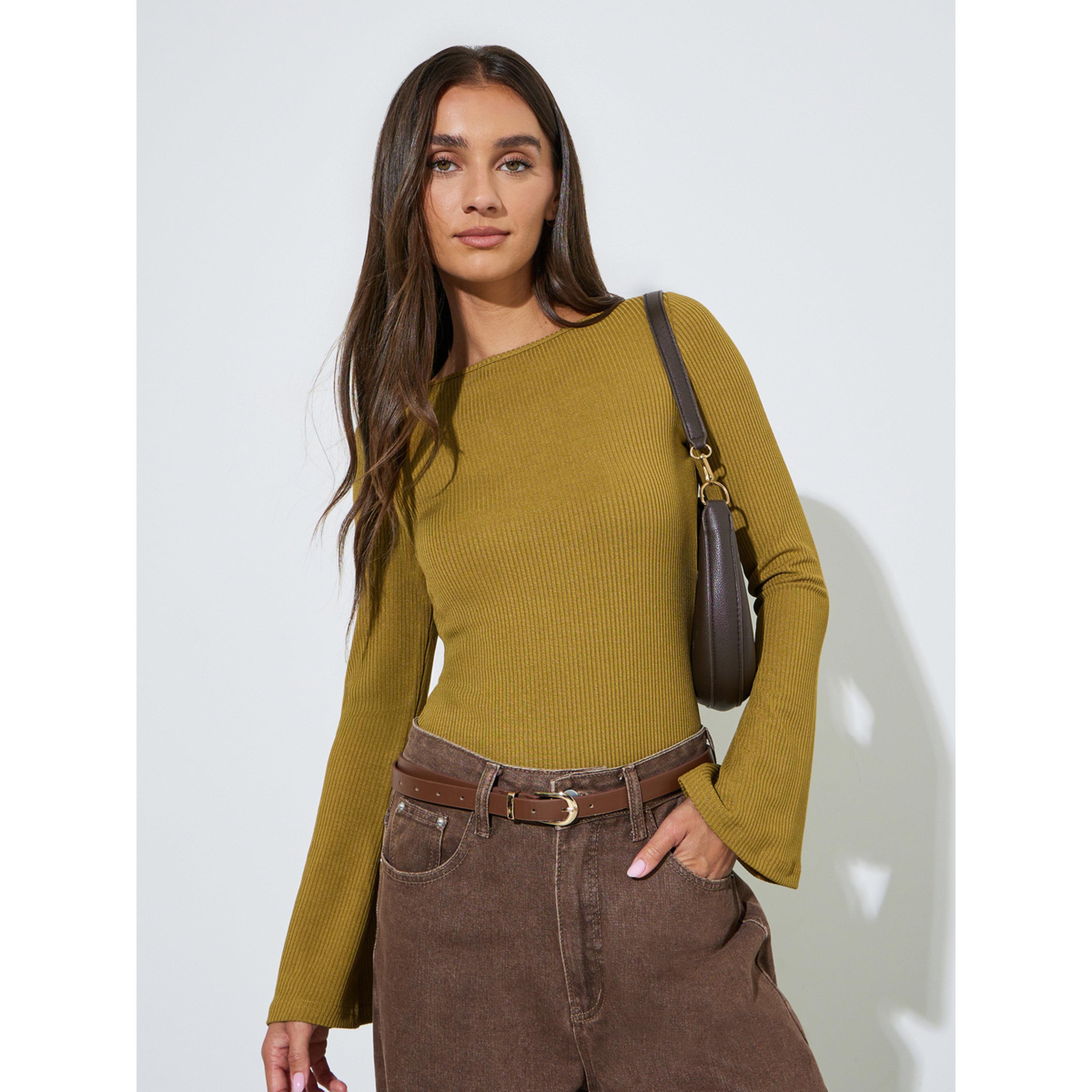 Styli Mustard Long Flared Sleeves Wide Neck Knit Top-women-clothing-shirtsandblouses-blouses-image-3