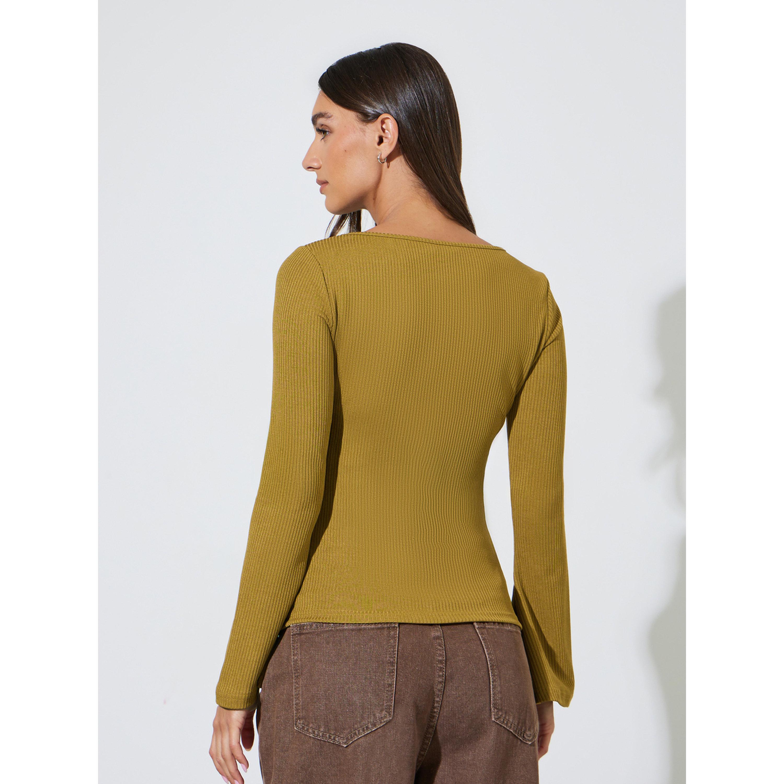 Styli Mustard Long Flared Sleeves Wide Neck Knit Top-women-clothing-shirtsandblouses-blouses-image-4