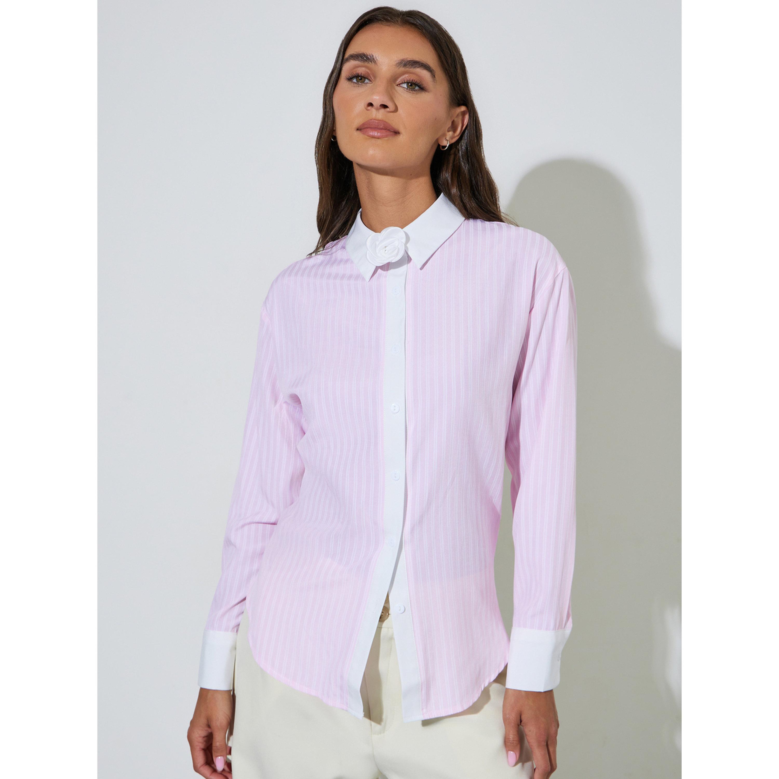 Styli Pink Striped Contrast Trims Long Sleeves Oversized Shirt-women-clothing-shirtsandblouses-shirts-image-1