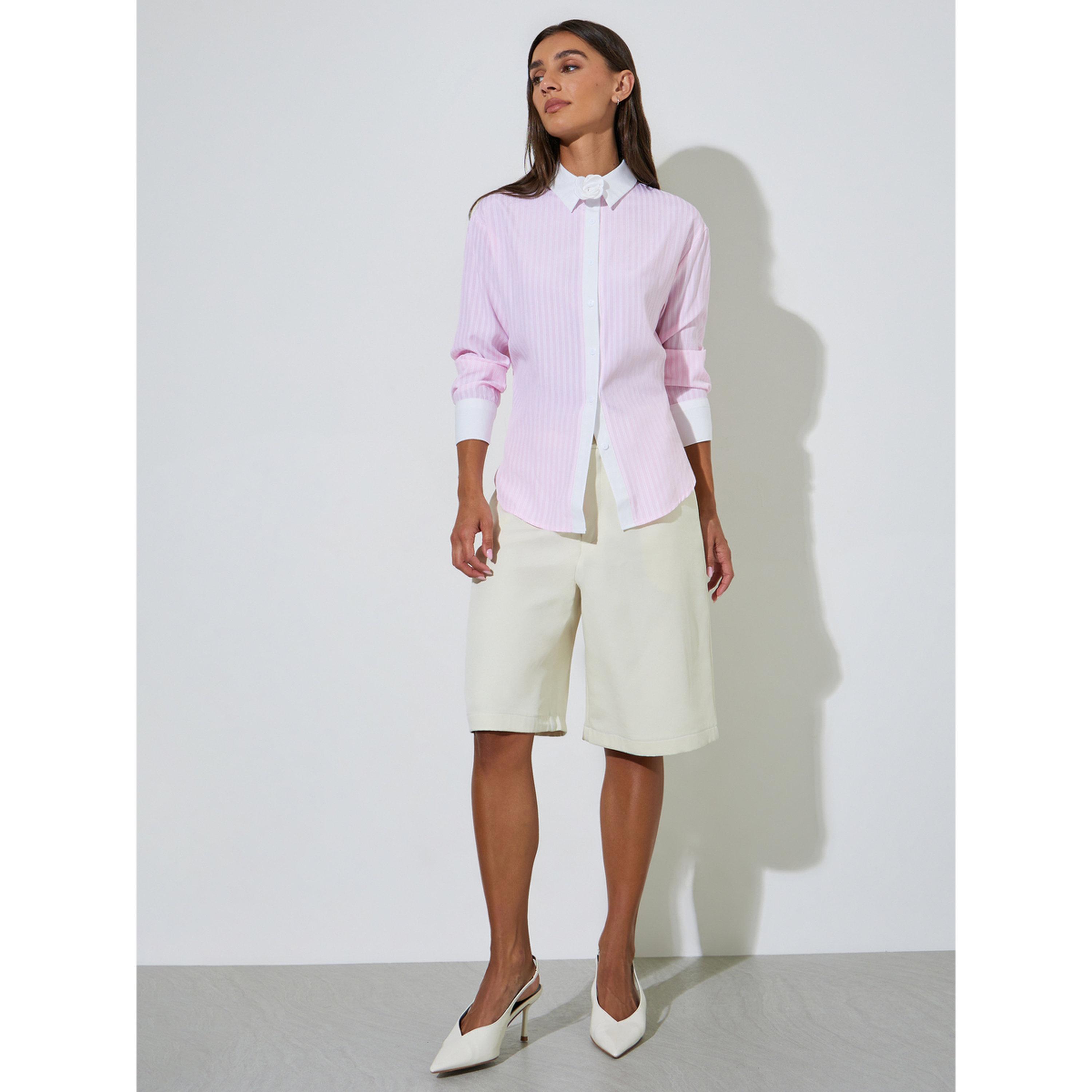 Styli Pink Striped Contrast Trims Long Sleeves Oversized Shirt-women-clothing-shirtsandblouses-shirts-image-2