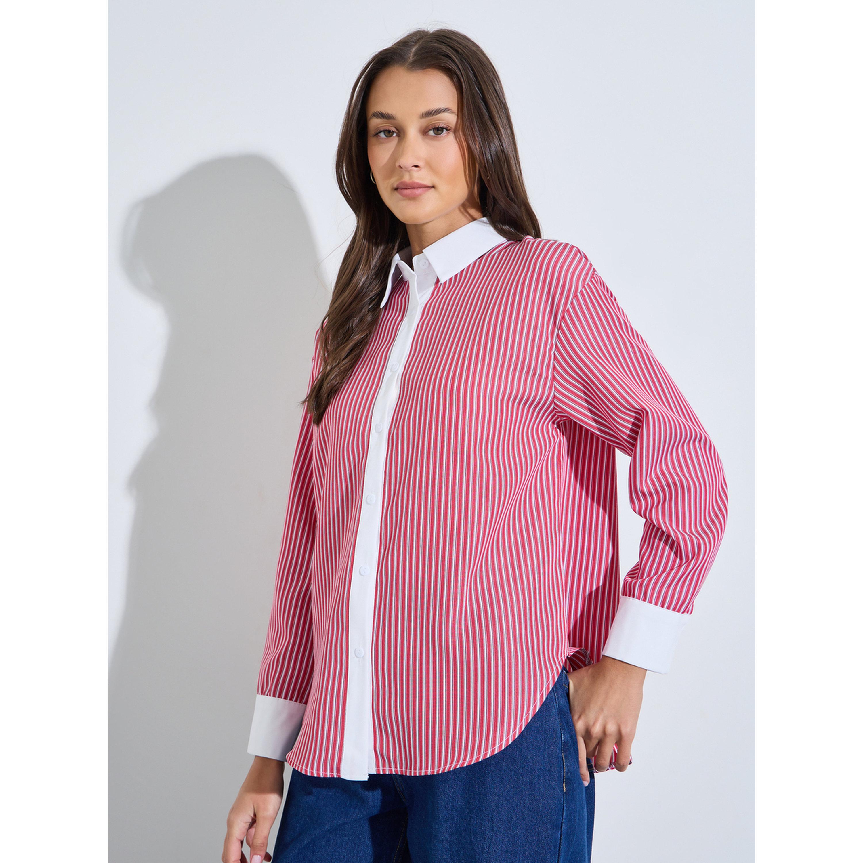 بلوزة واسعة مخططة بأكمام طويلة وتفاصيل متباينة باللون الأحمر-women-clothing-shirtsandblouses-shirts-image-1