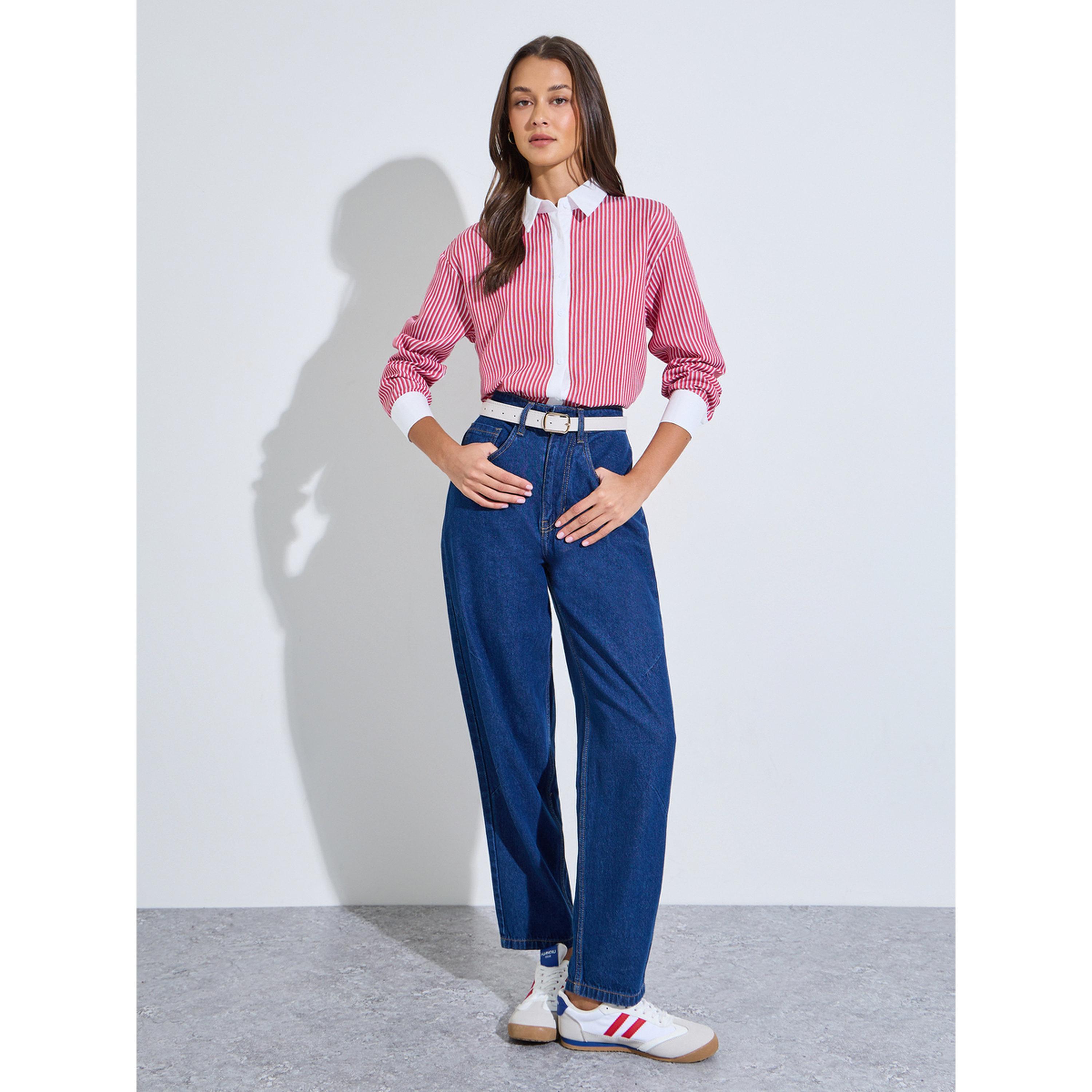 Styli Red Striped Long Sleeves Oversized Shirt with Contrast Details-women-clothing-shirtsandblouses-shirts-image-2