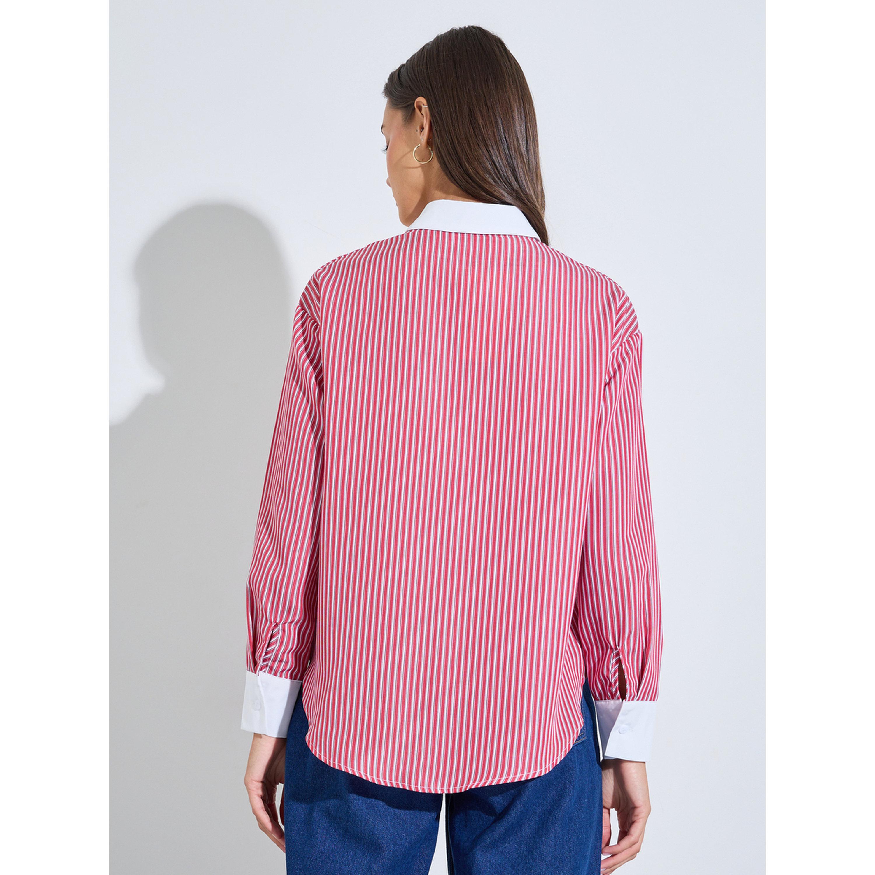 بلوزة واسعة مخططة بأكمام طويلة وتفاصيل متباينة باللون الأحمر-women-clothing-shirtsandblouses-shirts-image-3