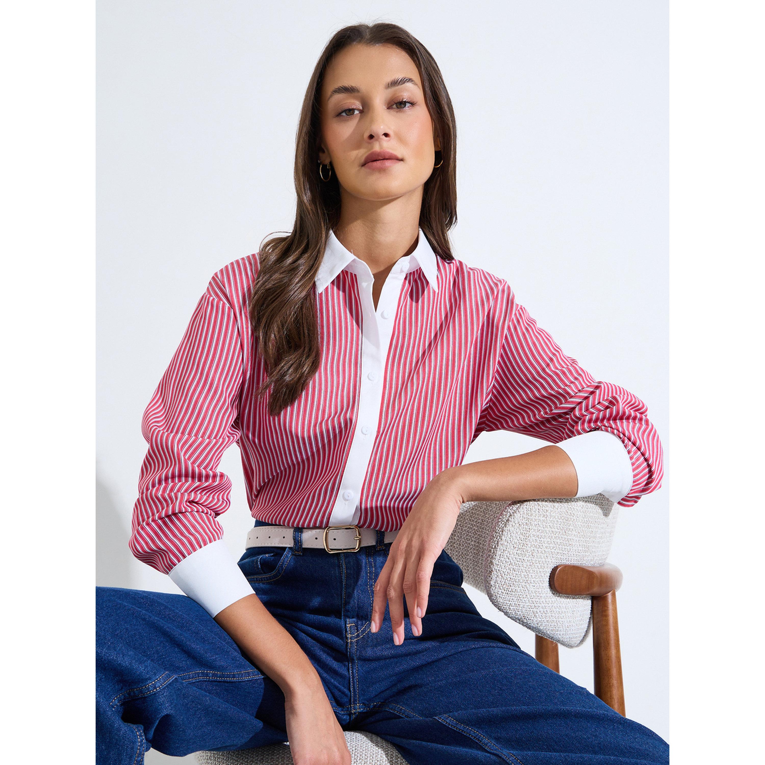 Styli Red Striped Long Sleeves Oversized Shirt with Contrast Details-women-clothing-shirtsandblouses-shirts-image-4