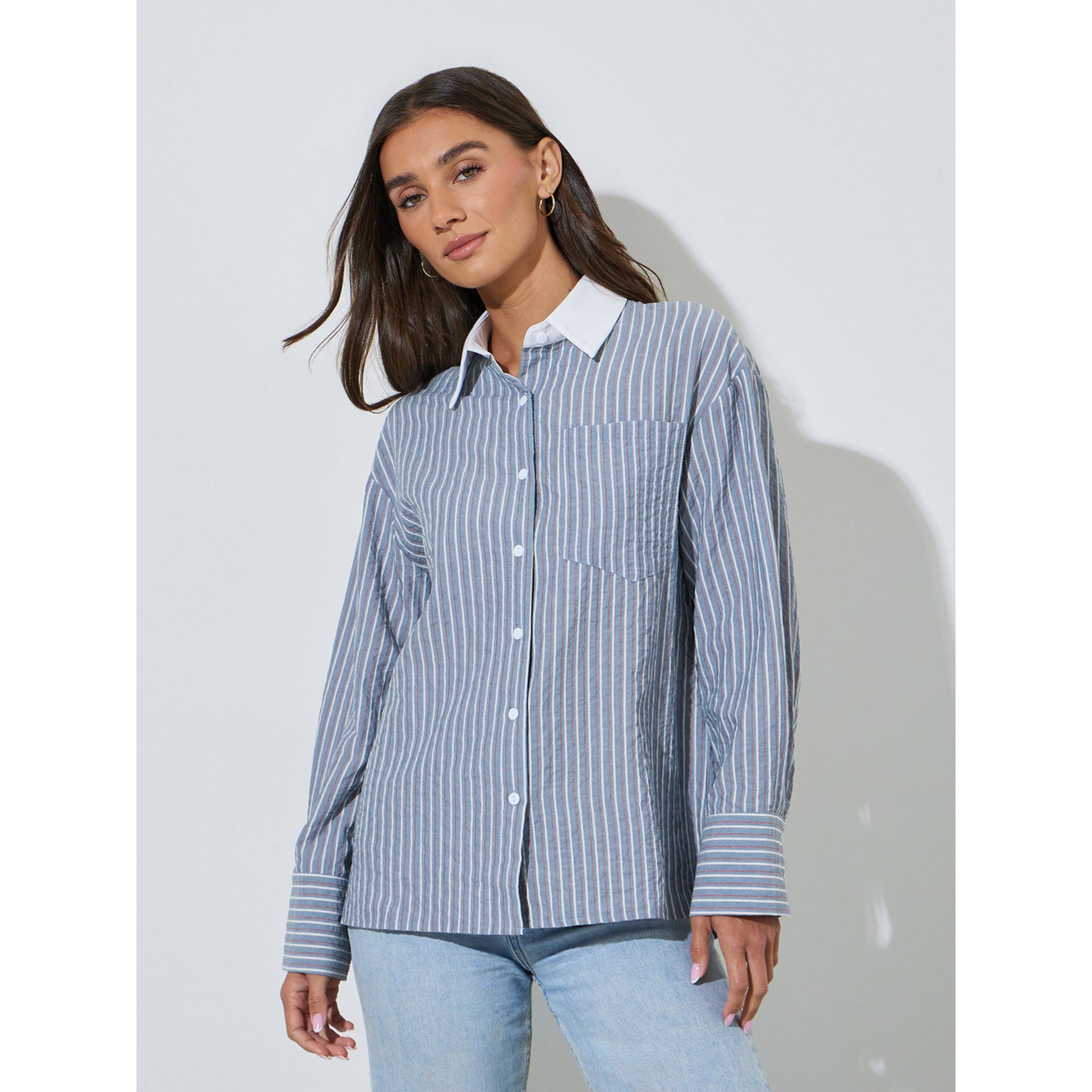 ستايلي - قميص  أزرق مخطط بياقة متباينة وأكمام طويلة وقصة واسعة-women-clothing-shirtsandblouses-shirts-image-1