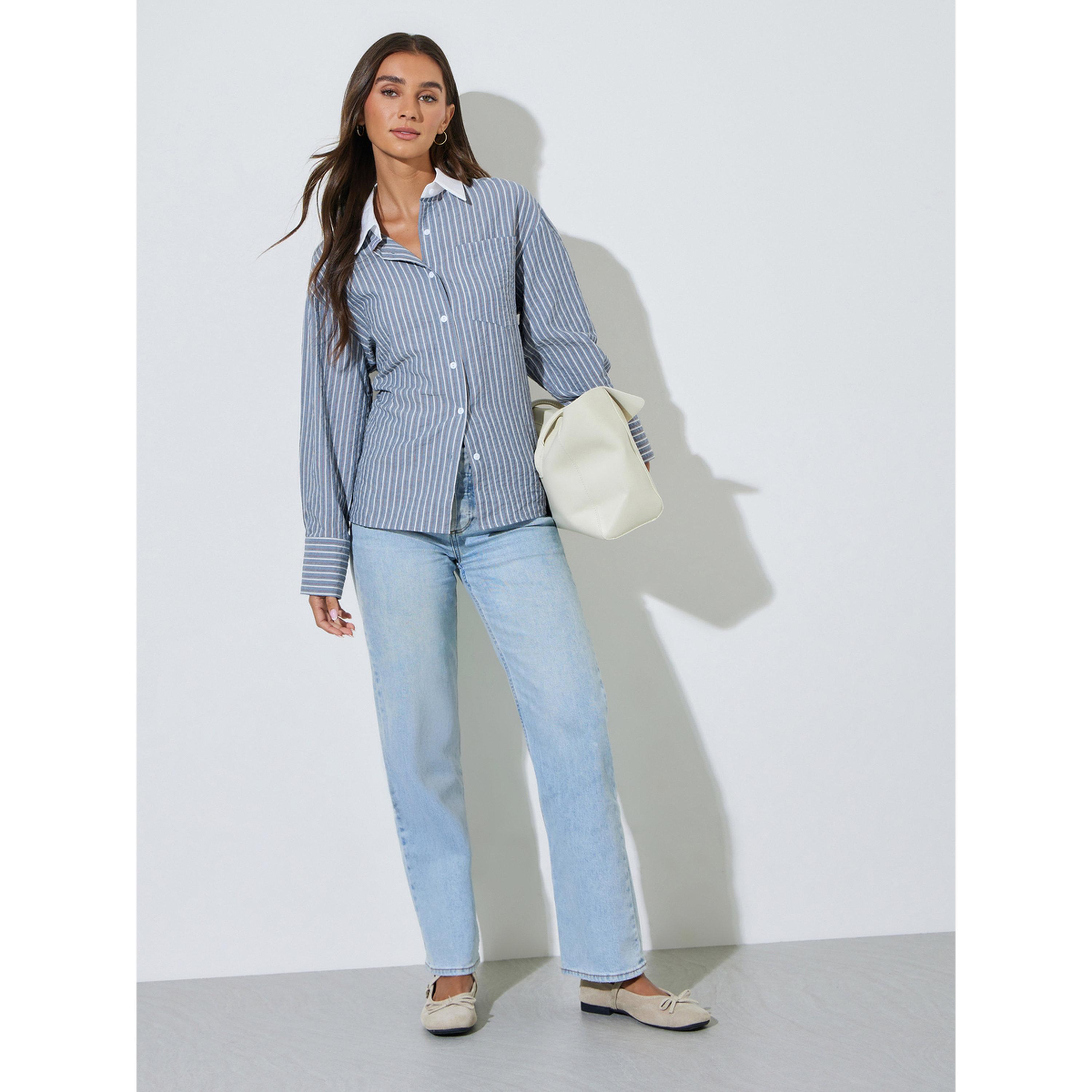 ستايلي - قميص  أزرق مخطط بياقة متباينة وأكمام طويلة وقصة واسعة-women-clothing-shirtsandblouses-shirts-image-2