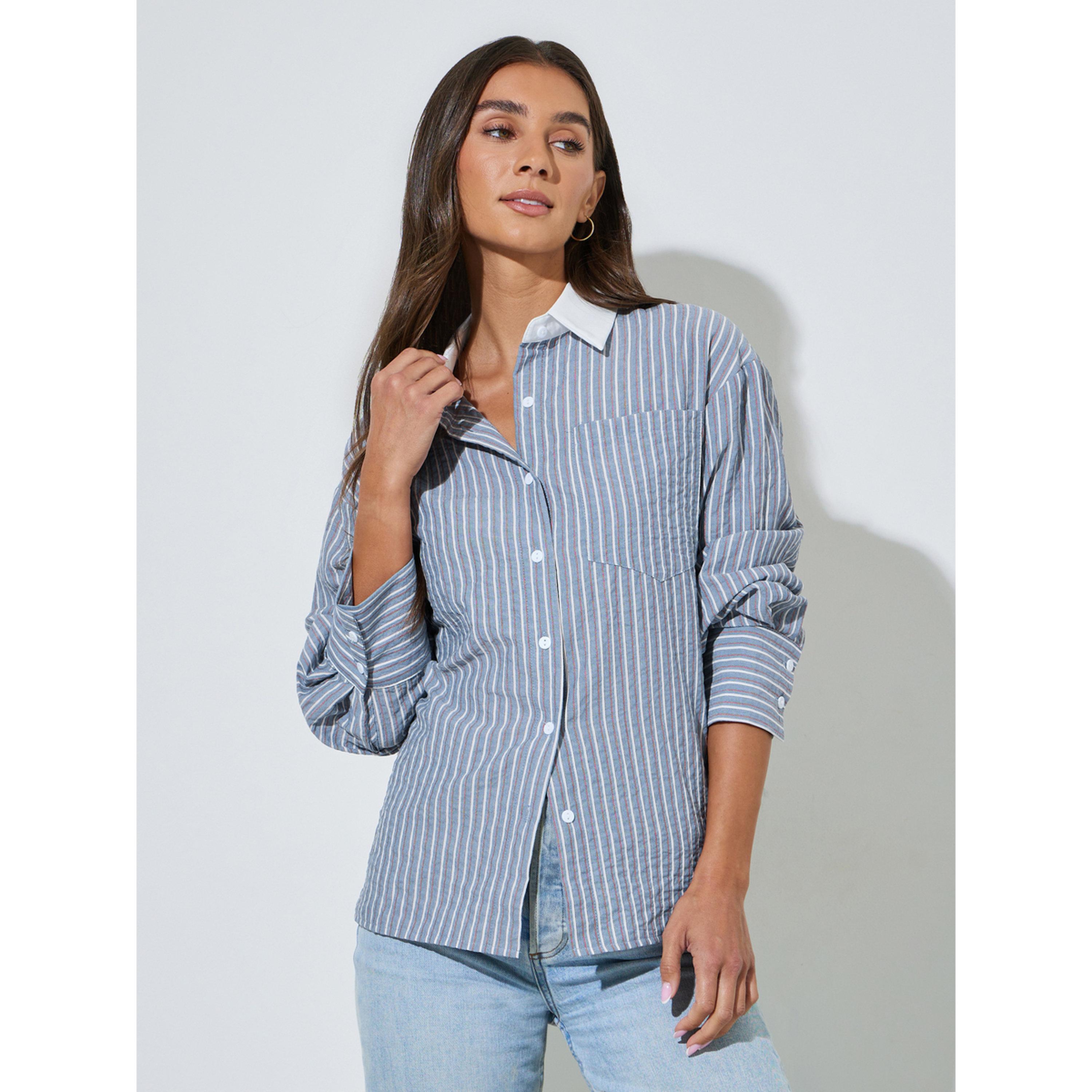 ستايلي - قميص  أزرق مخطط بياقة متباينة وأكمام طويلة وقصة واسعة-women-clothing-shirtsandblouses-shirts-image-3