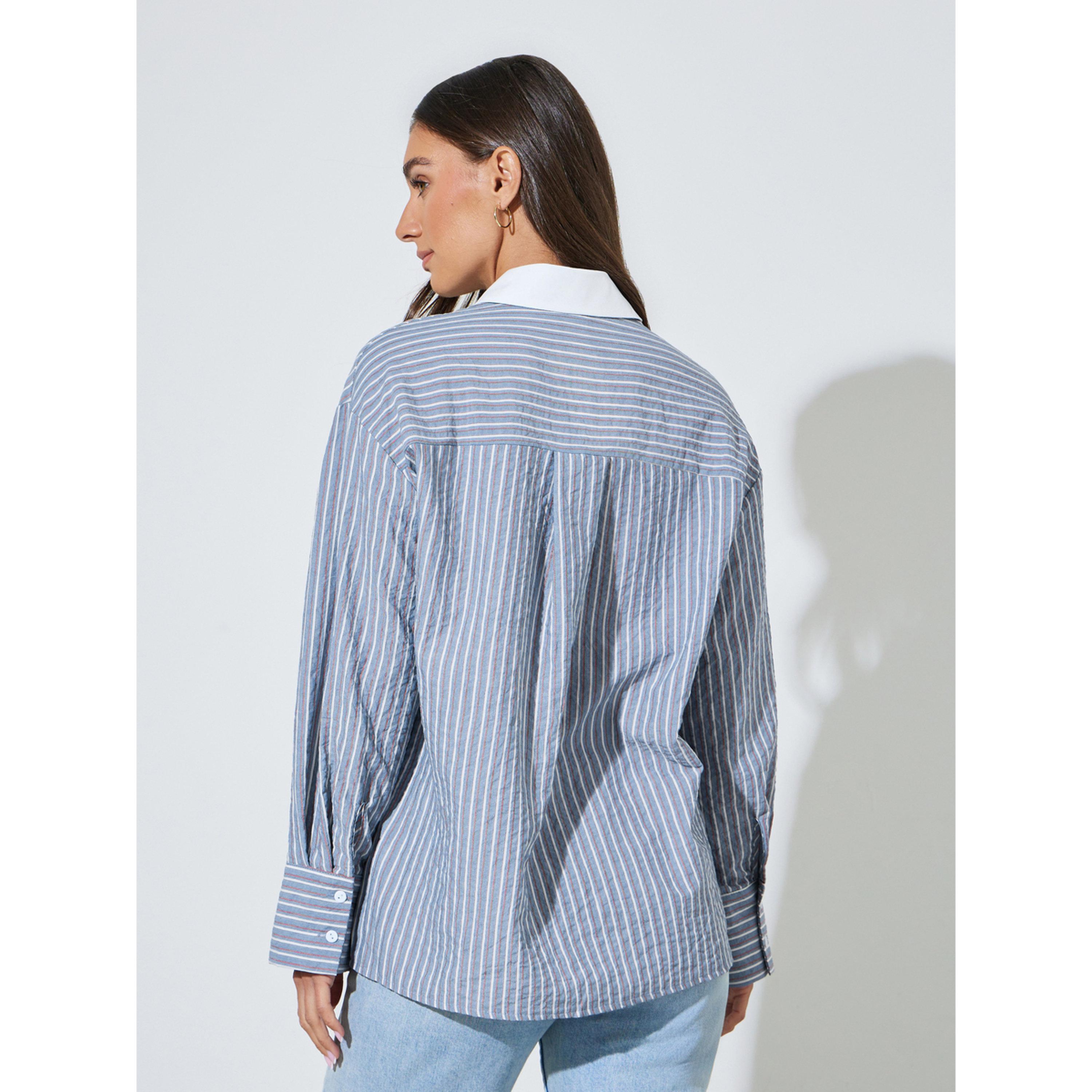 ستايلي - قميص  أزرق مخطط بياقة متباينة وأكمام طويلة وقصة واسعة-women-clothing-shirtsandblouses-shirts-image-4