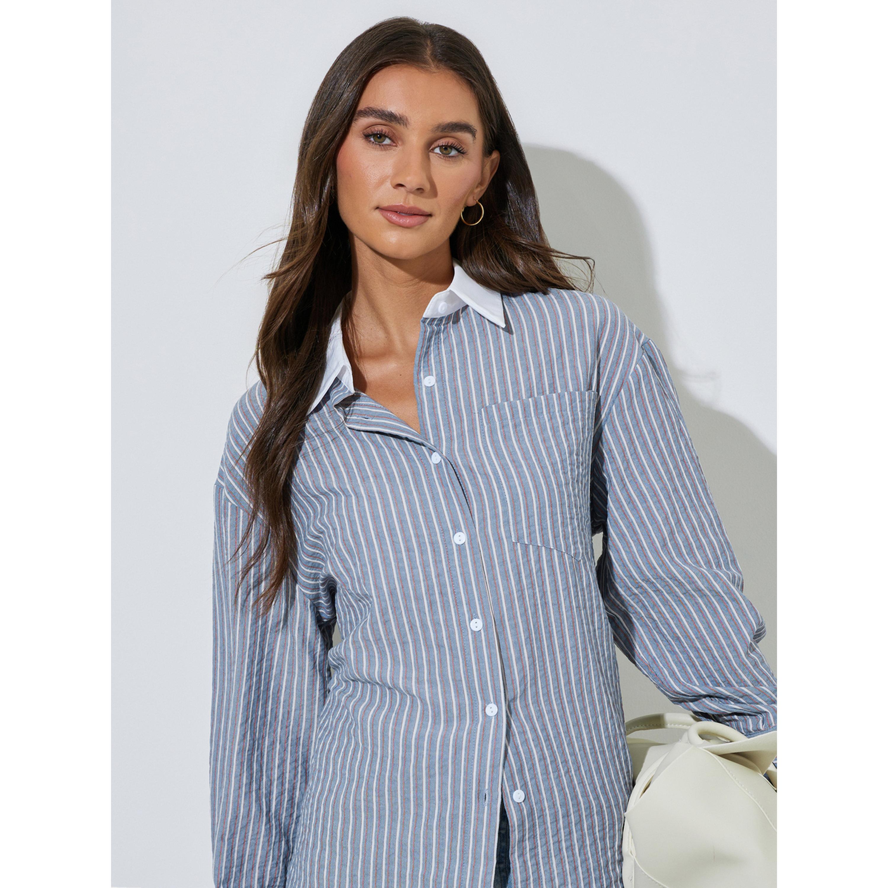 ستايلي - قميص  أزرق مخطط بياقة متباينة وأكمام طويلة وقصة واسعة-women-clothing-shirtsandblouses-shirts-image-5